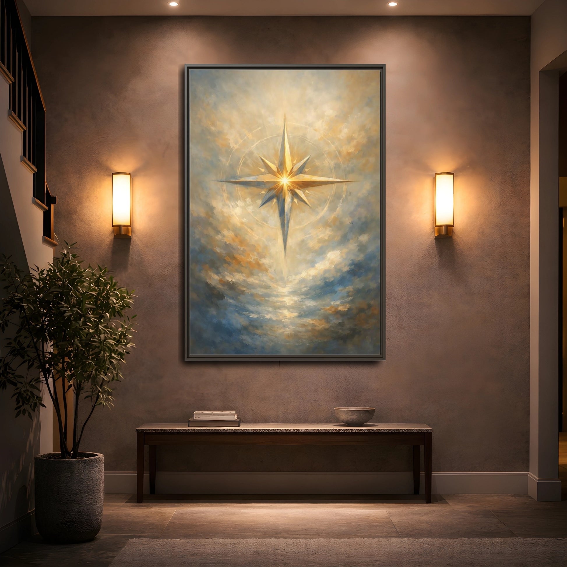 Mockup 4. Abstract Guiding Star Abstract Star Gold shown as stretched canvas wall art