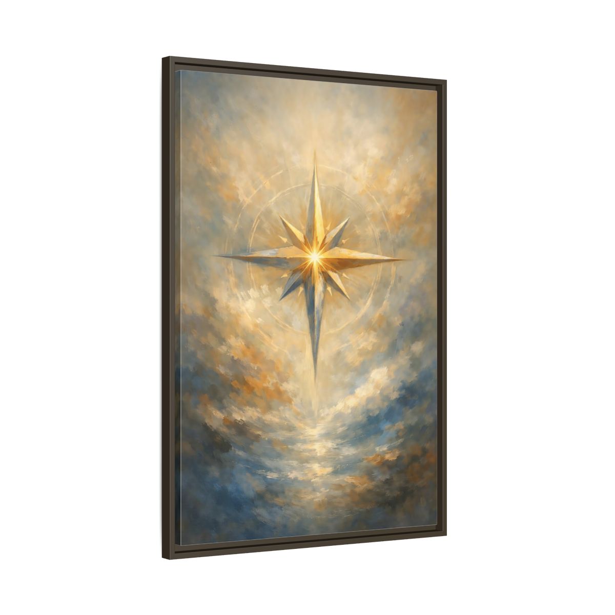 Side Mockup 10. Abstract Guiding Star Abstract Star Gold shown as stretched canvas wall art