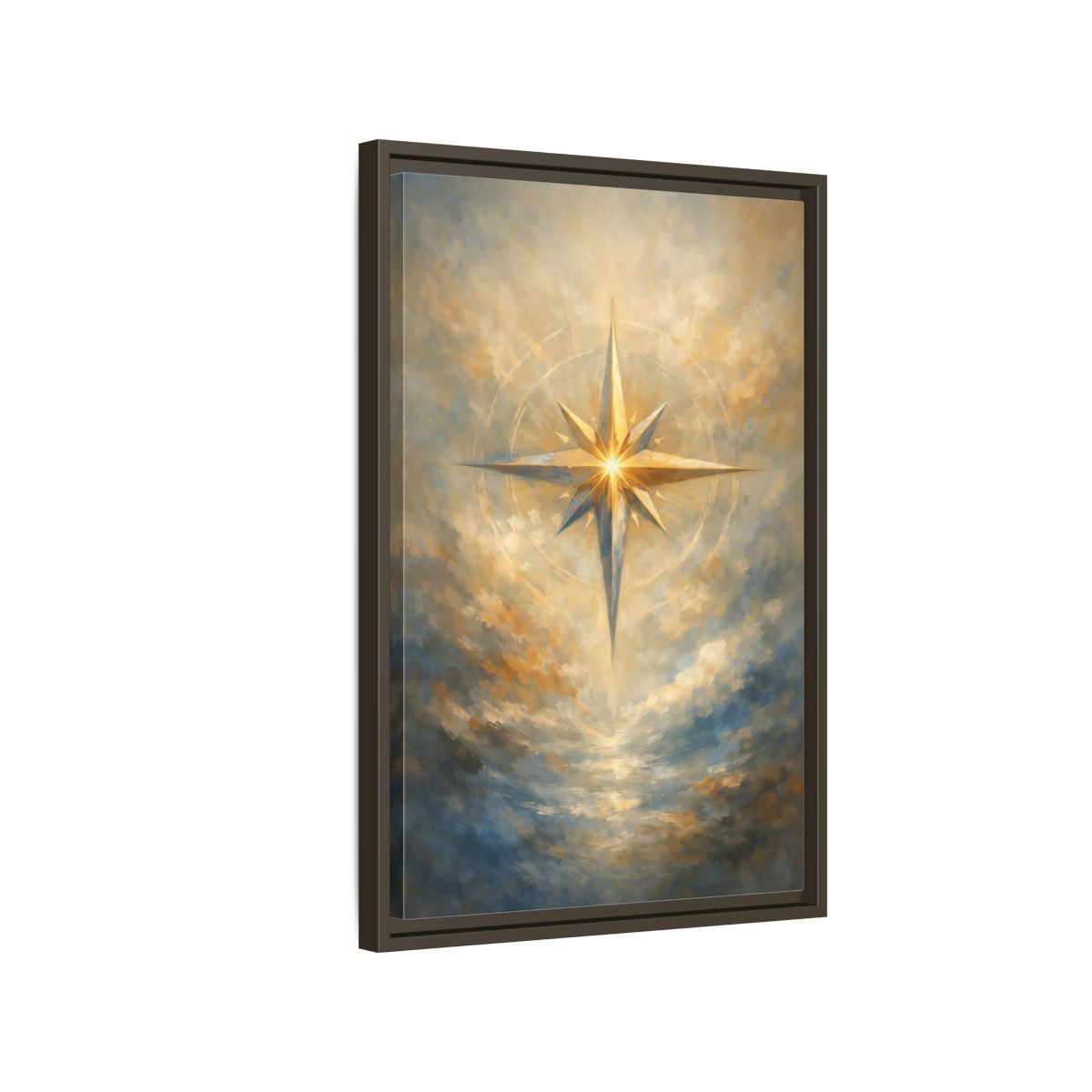 Side Mockup 2. Abstract Guiding Star Abstract Star Gold shown as stretched canvas wall art