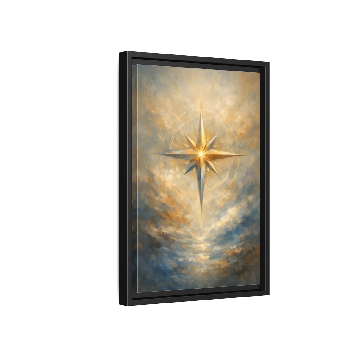 Side Mockup 6. Abstract Guiding Star Abstract Star Gold shown as stretched canvas wall art