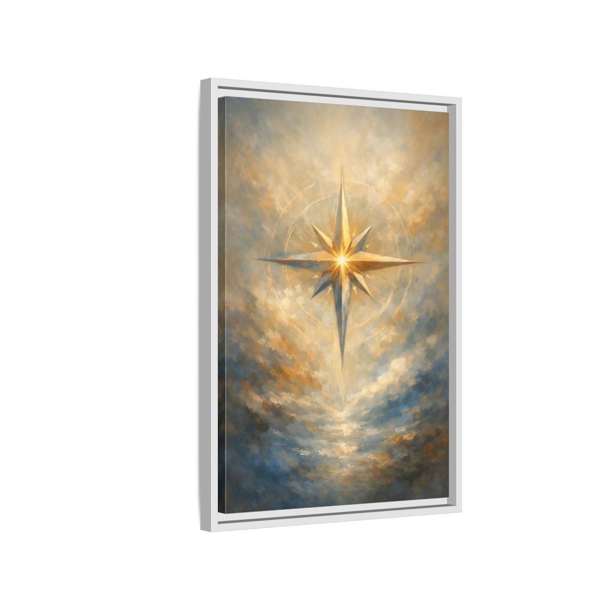 Side Mockup 1. Abstract Guiding Star Abstract Star Gold shown as stretched canvas wall art