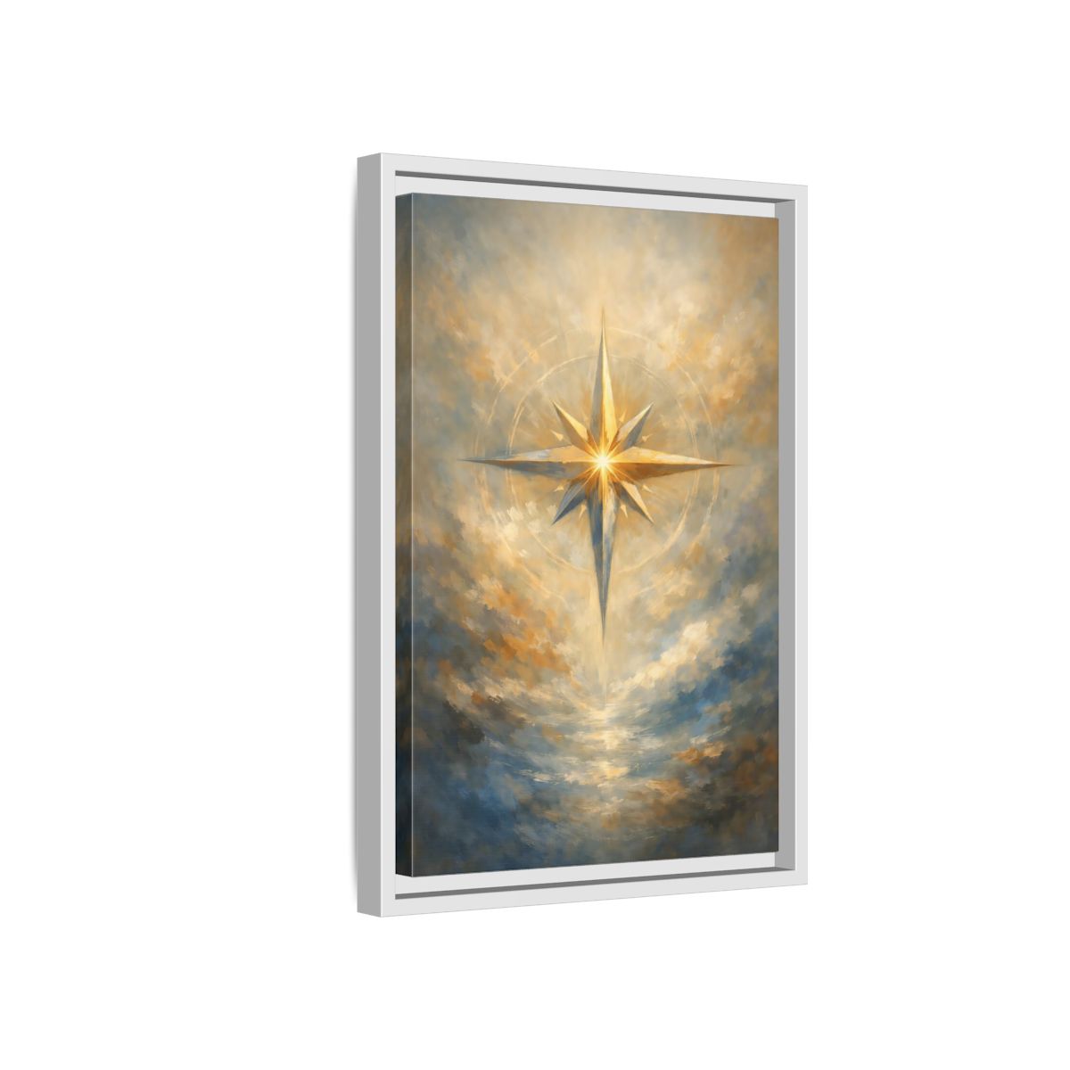 Side Mockup 4. Abstract Guiding Star Abstract Star Gold shown as stretched canvas wall art