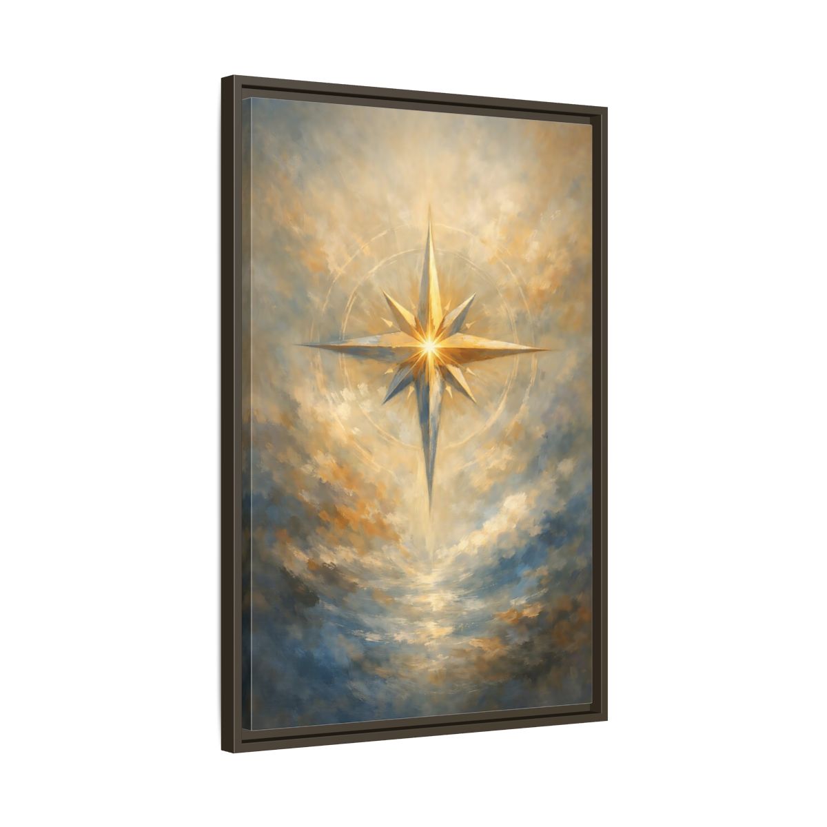Side Mockup 12. Abstract Guiding Star Abstract Star Gold shown as stretched canvas wall art