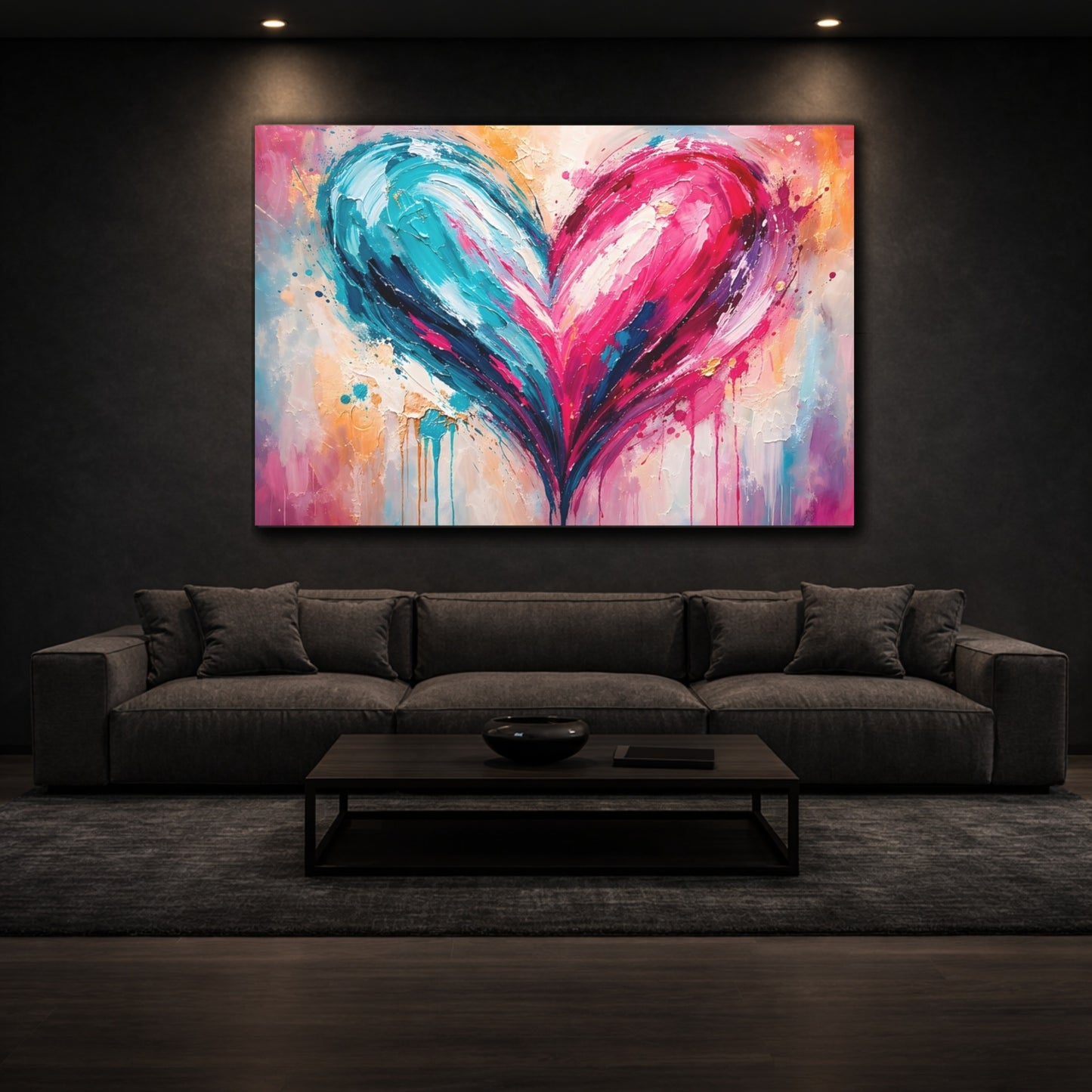 Abstract Heart Blue Pink Heart Abstract shown as front canvas room wall art