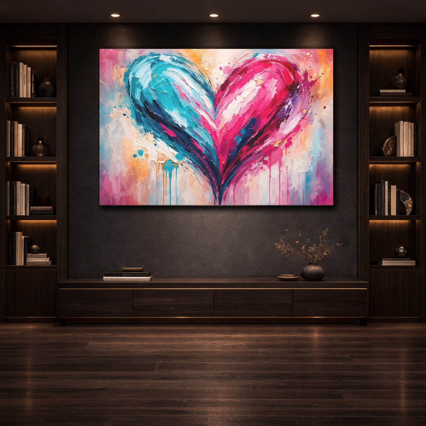 Abstract Heart Blue Pink Heart Abstract shown as front canvas room wall art