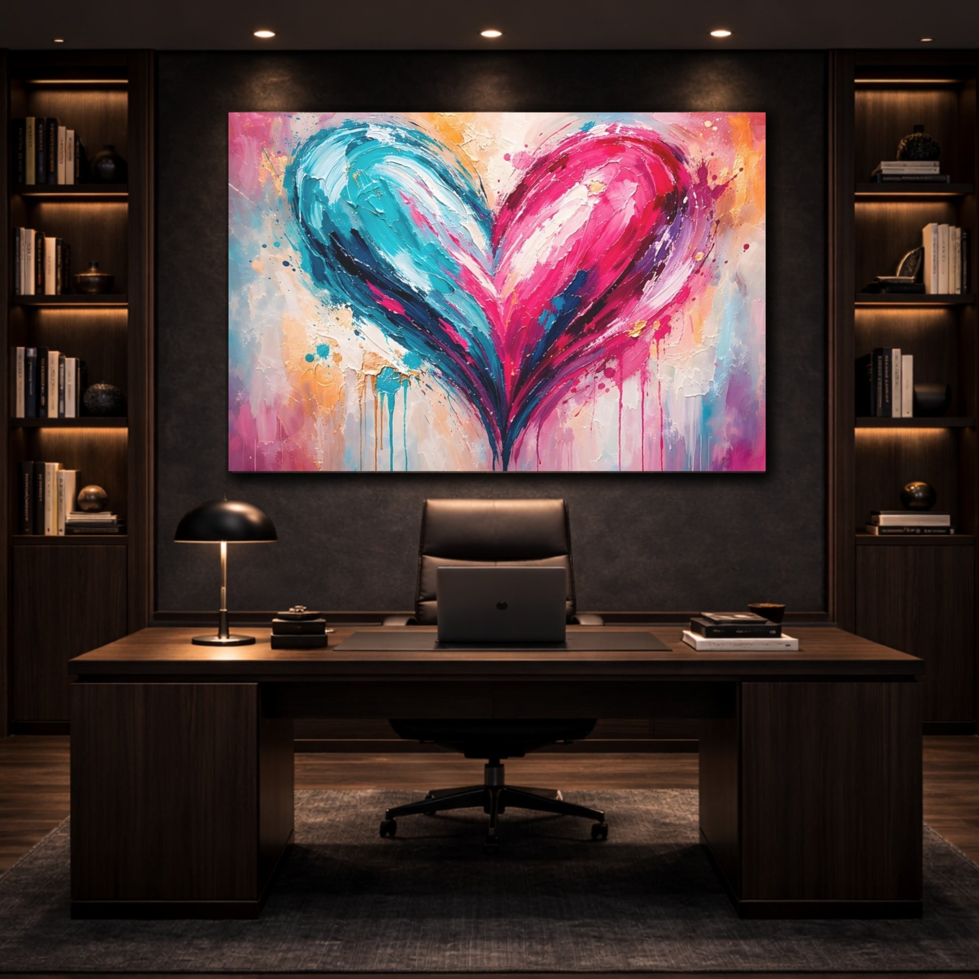 Abstract Heart Blue Pink Heart Abstract shown as front canvas room wall art