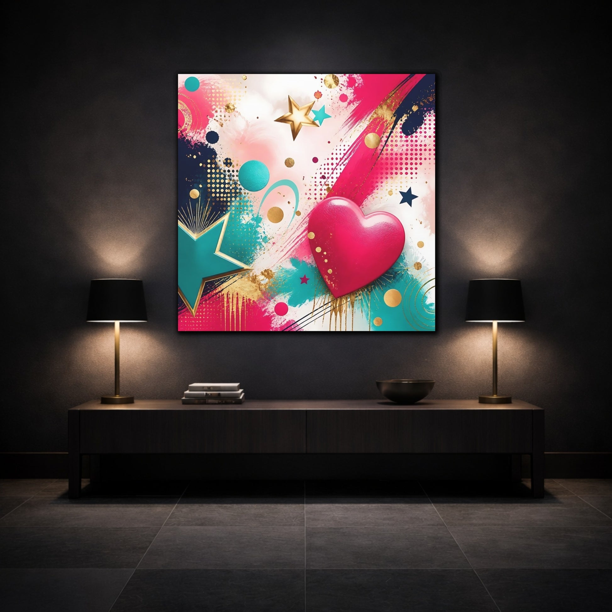 Mockup 3. Abstract Heart Pink Gold Abstract shown as canvas print