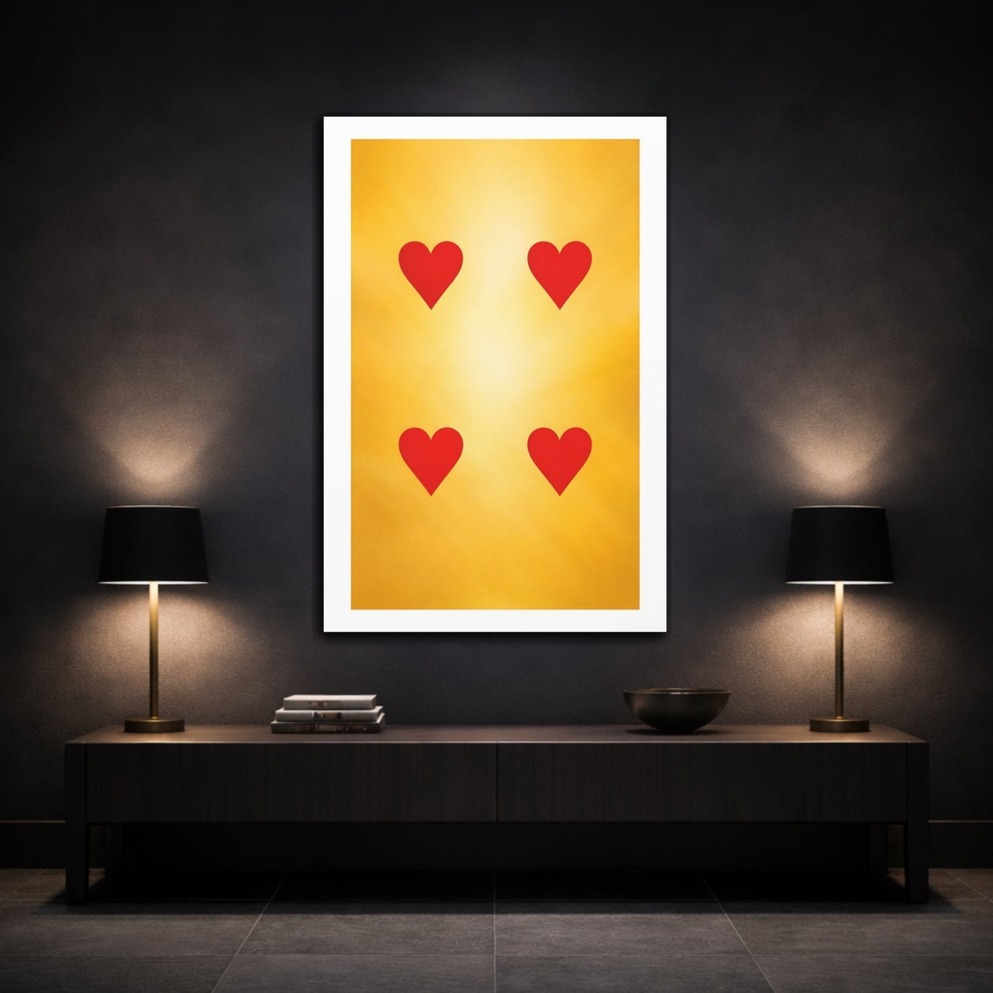 Mockup 2. Abstract Hearts Red And Gold shown as stretched canvas wall art