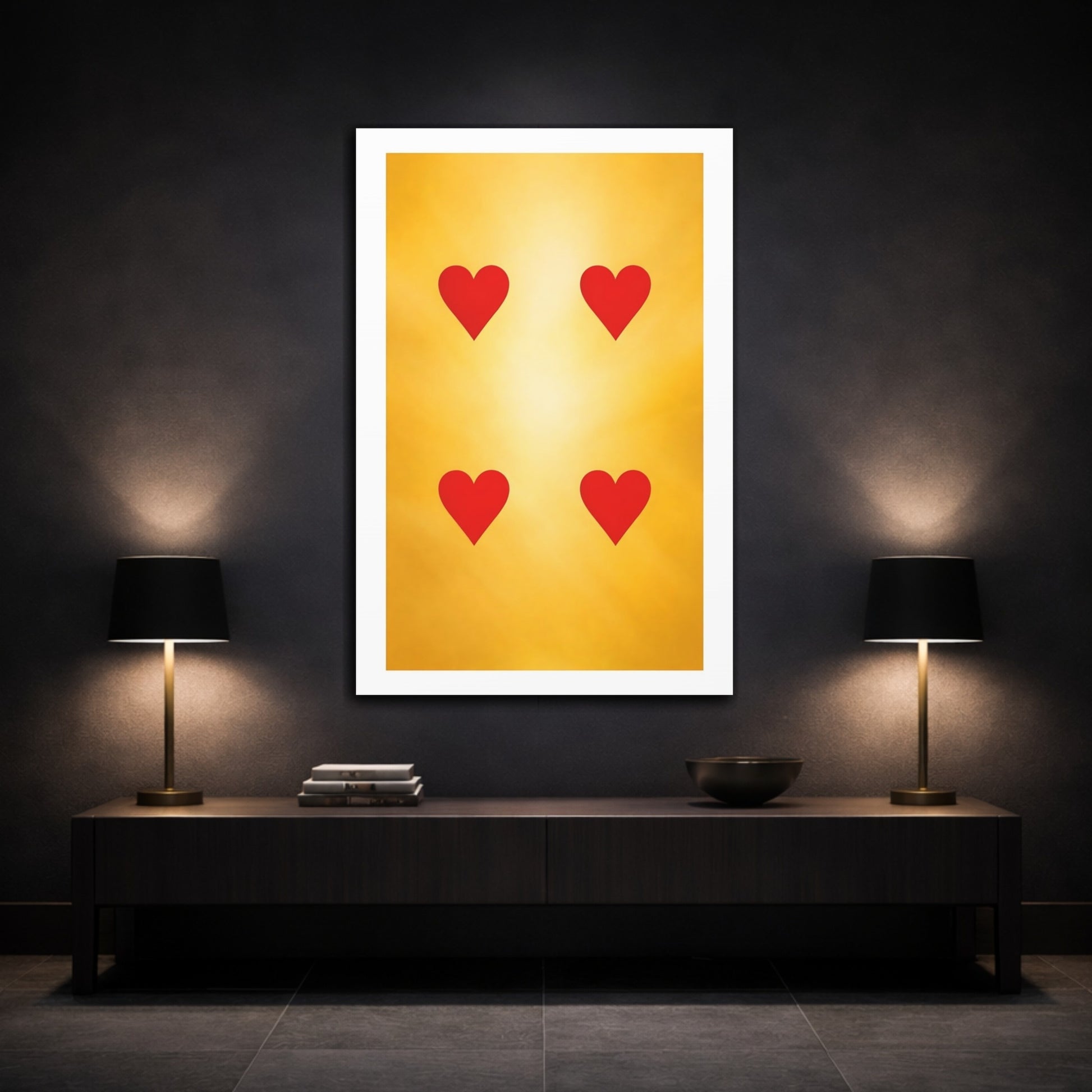 Mockup 2. Abstract Hearts Red And Gold shown as stretched canvas wall art