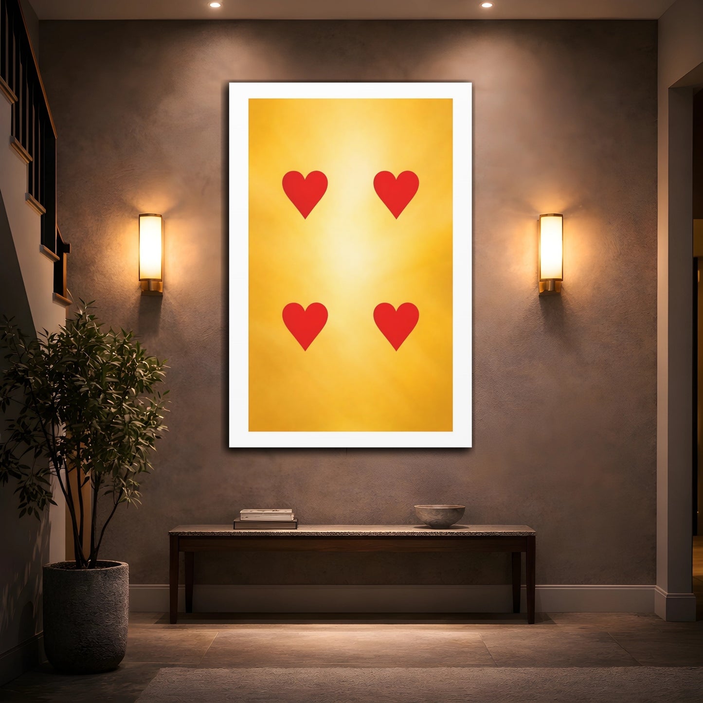 Mockup 3. Abstract Hearts Red And Gold shown as stretched canvas wall art
