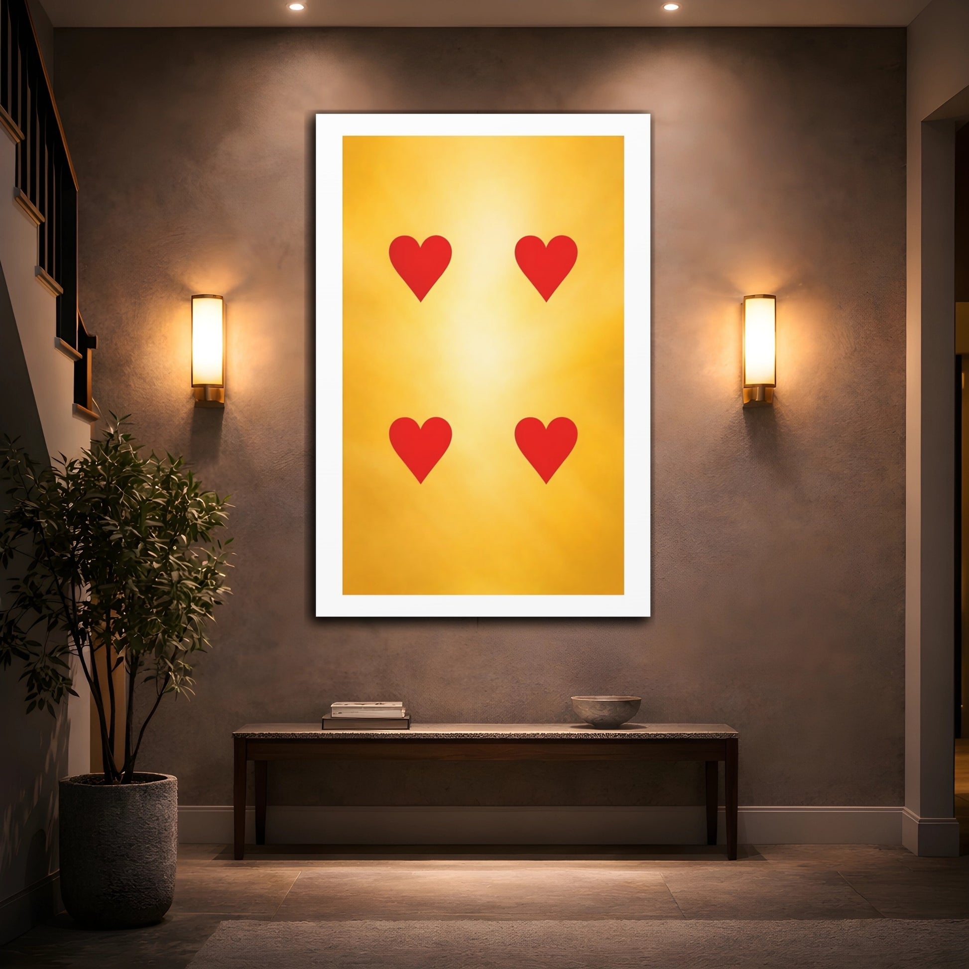 Mockup 3. Abstract Hearts Red And Gold shown as stretched canvas wall art