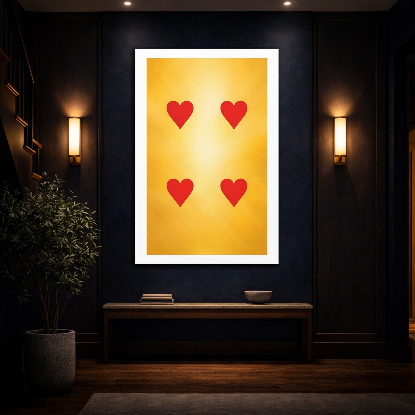 Mockup 4. Abstract Hearts Red And Gold shown as stretched canvas wall art