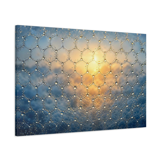 Main Mockup. Abstract Hexagonal Grid Blue And Gold shown as stretched canvas wall art