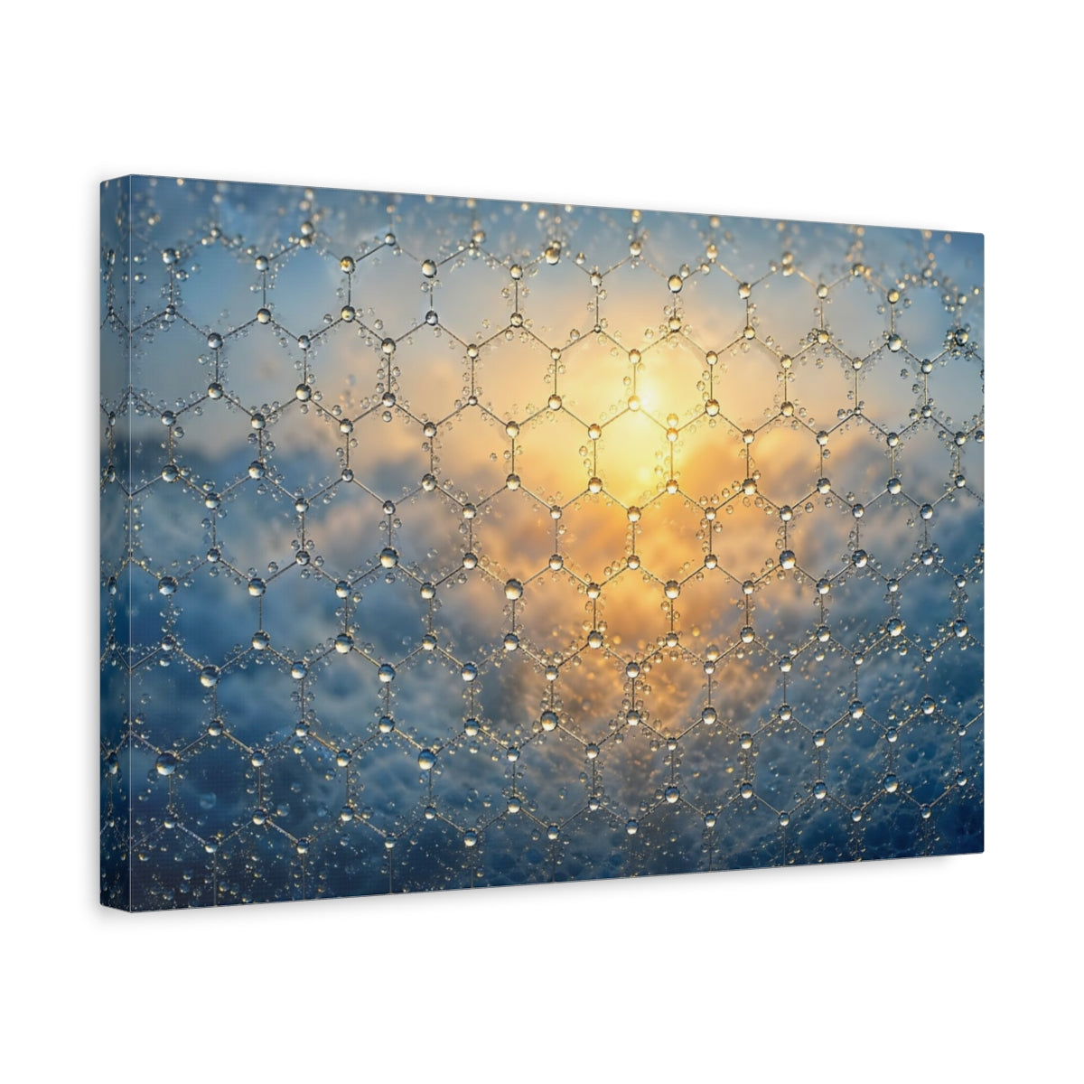 Side Mockup 4. Abstract Hexagonal Grid Blue And Gold shown as stretched canvas wall art