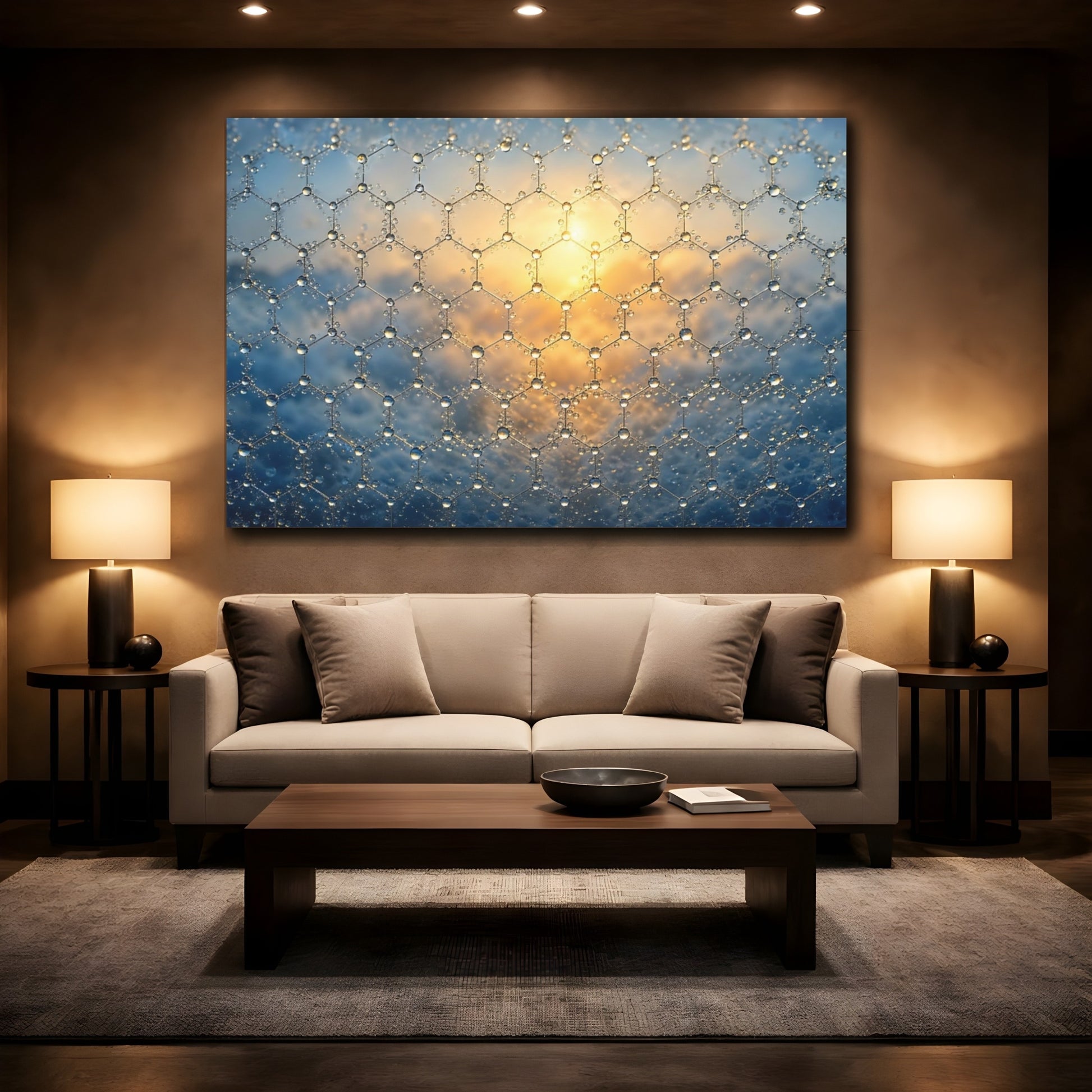 Mockup 2. Abstract Hexagonal Grid Blue And Gold shown as stretched canvas wall art
