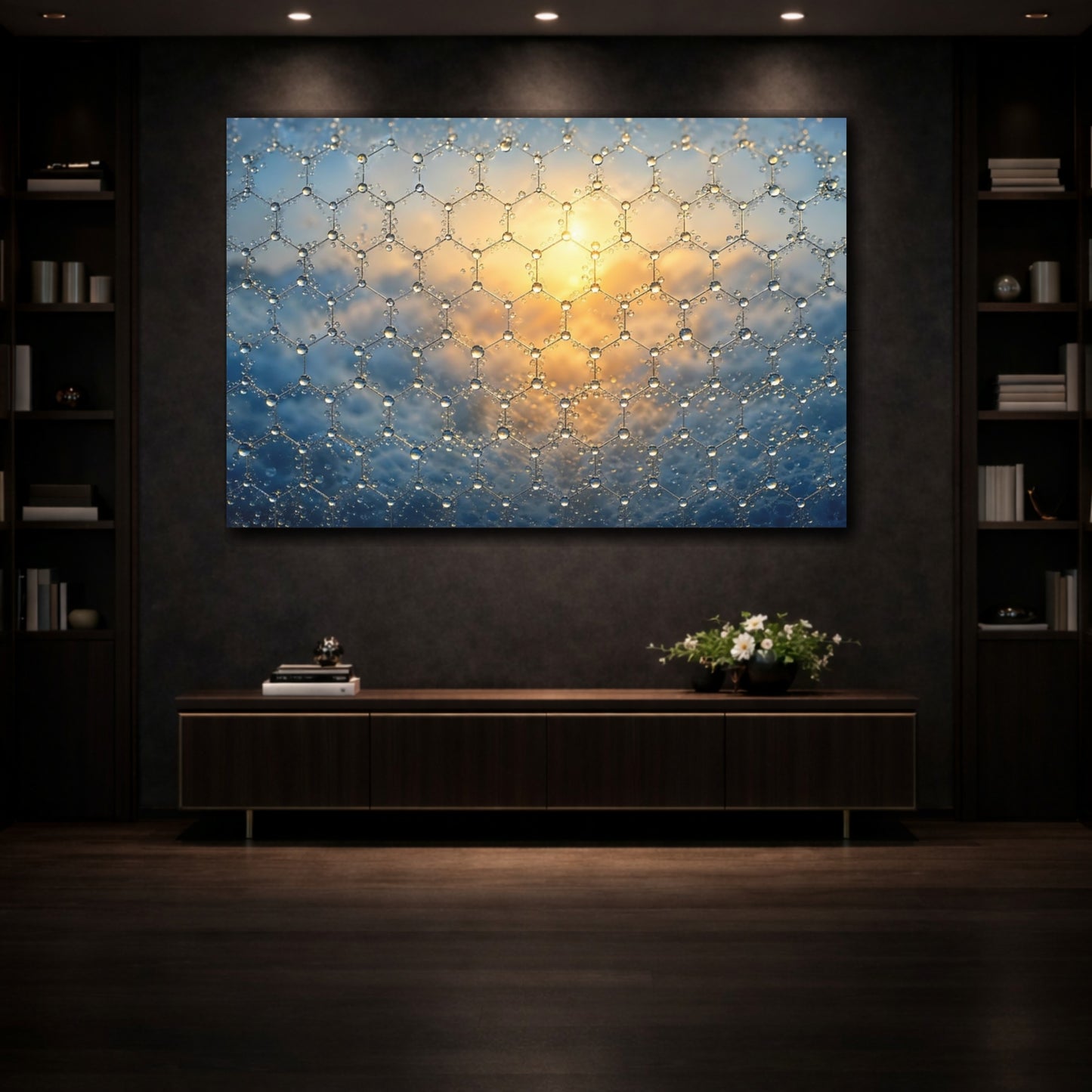 Mockup 3. Abstract Hexagonal Grid Blue And Gold shown as stretched canvas wall art