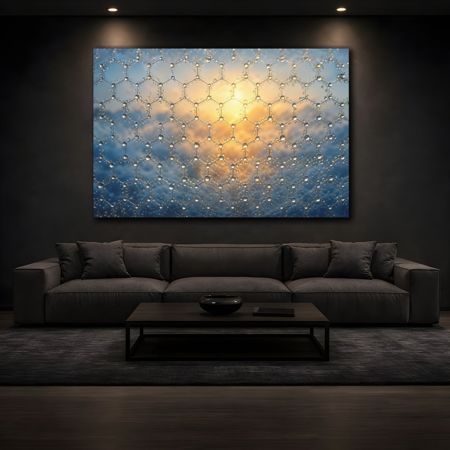 Mockup 4. Abstract Hexagonal Grid Blue And Gold shown as stretched canvas wall art