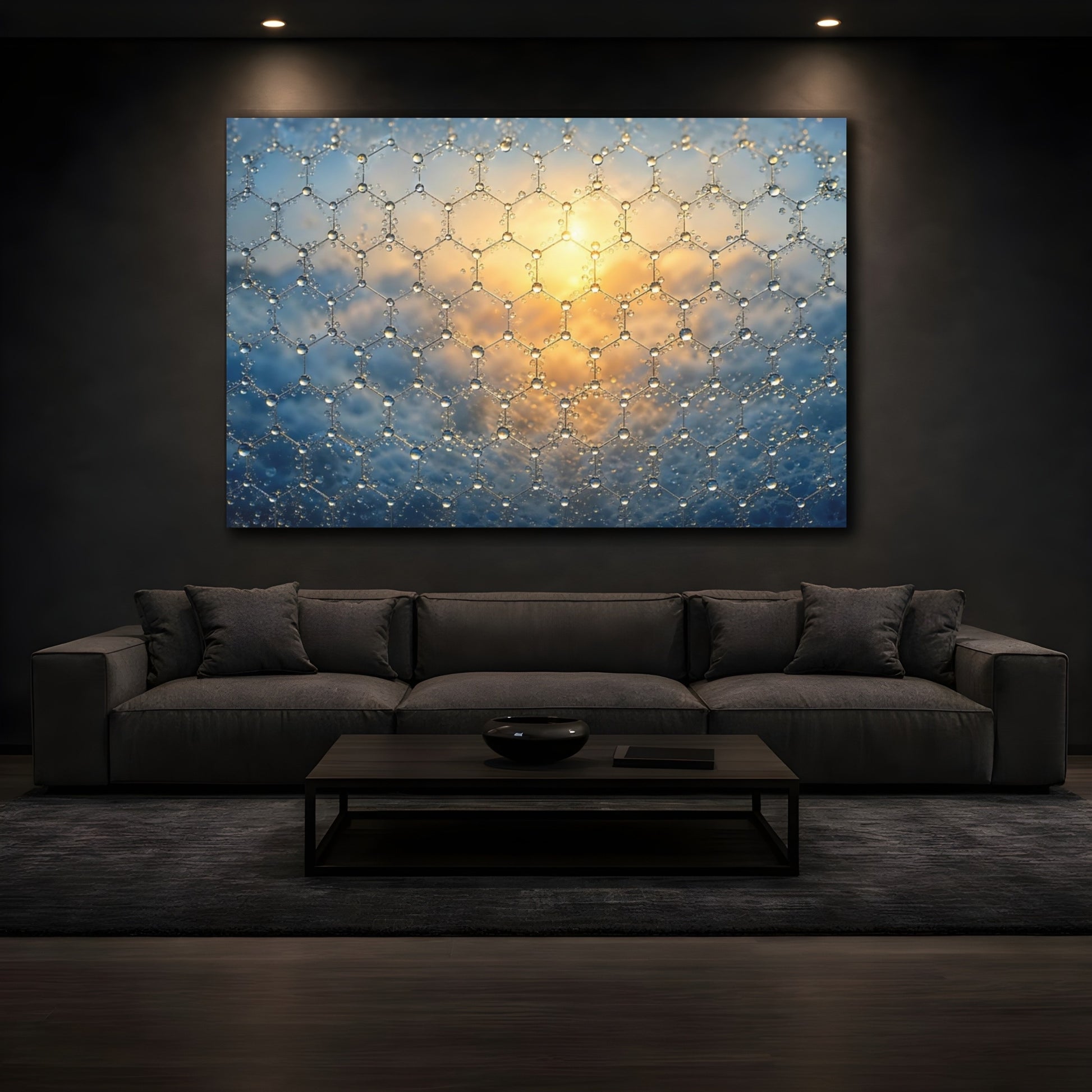 Mockup 4. Abstract Hexagonal Grid Blue And Gold shown as stretched canvas wall art