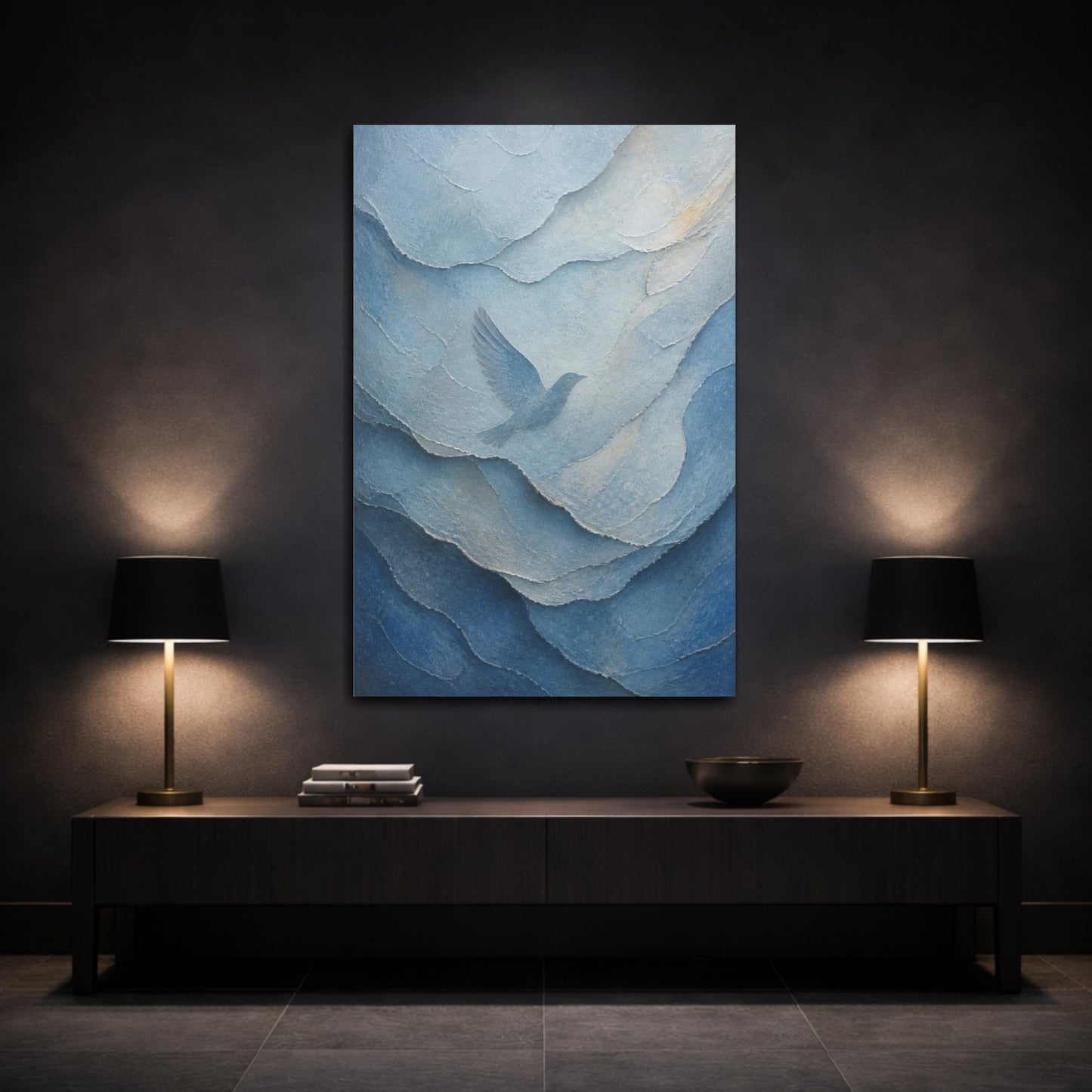 Mockup 3. Abstract Hidden Bird shown as canvas print