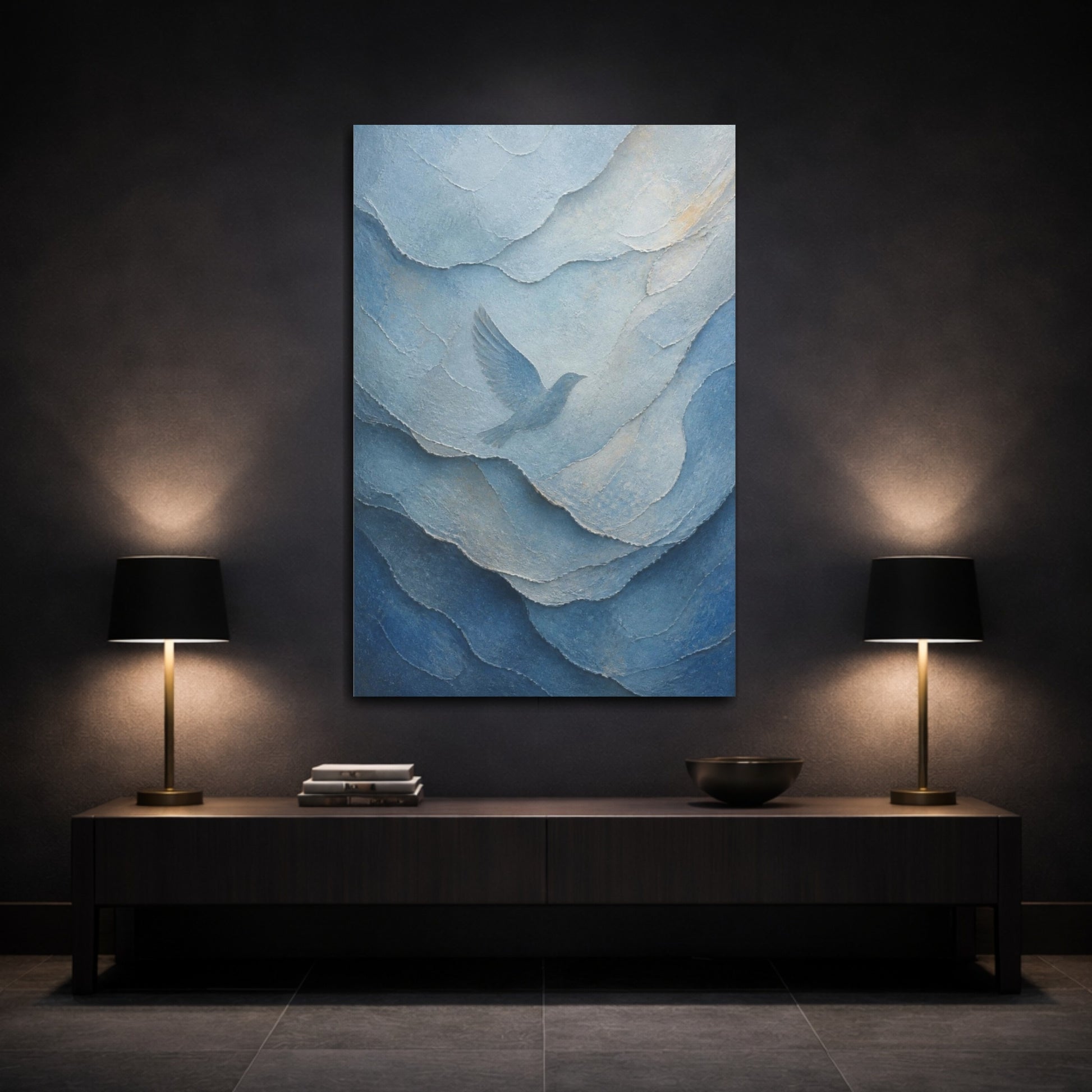Mockup 3. Abstract Hidden Bird shown as canvas print
