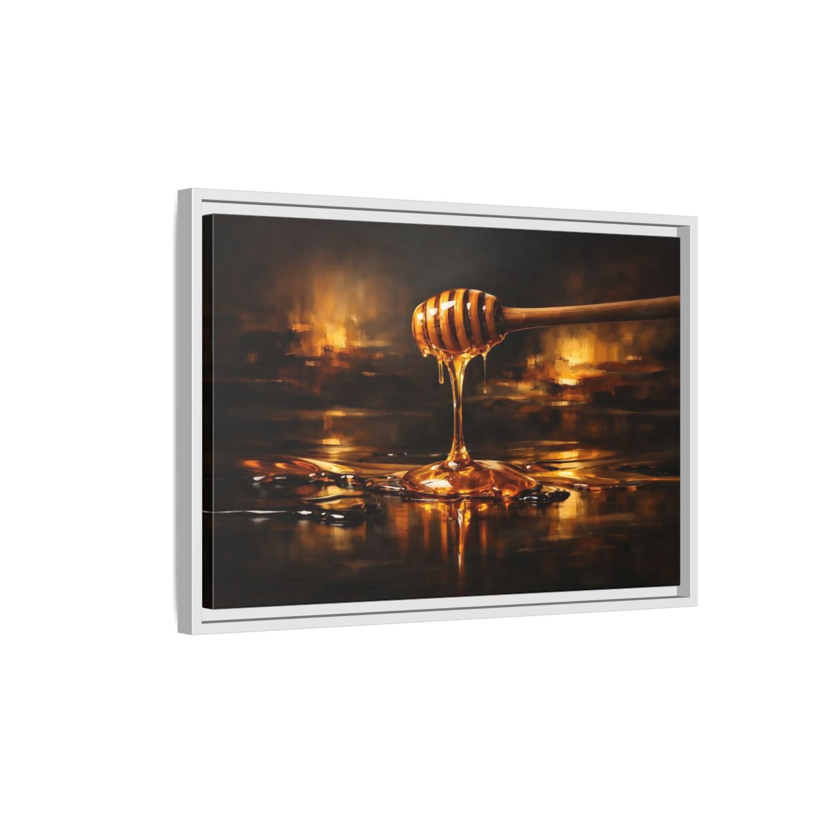 Side Mockup 1. Abstract Honey Dipper Golden Honey shown as stretched canvas wall art
