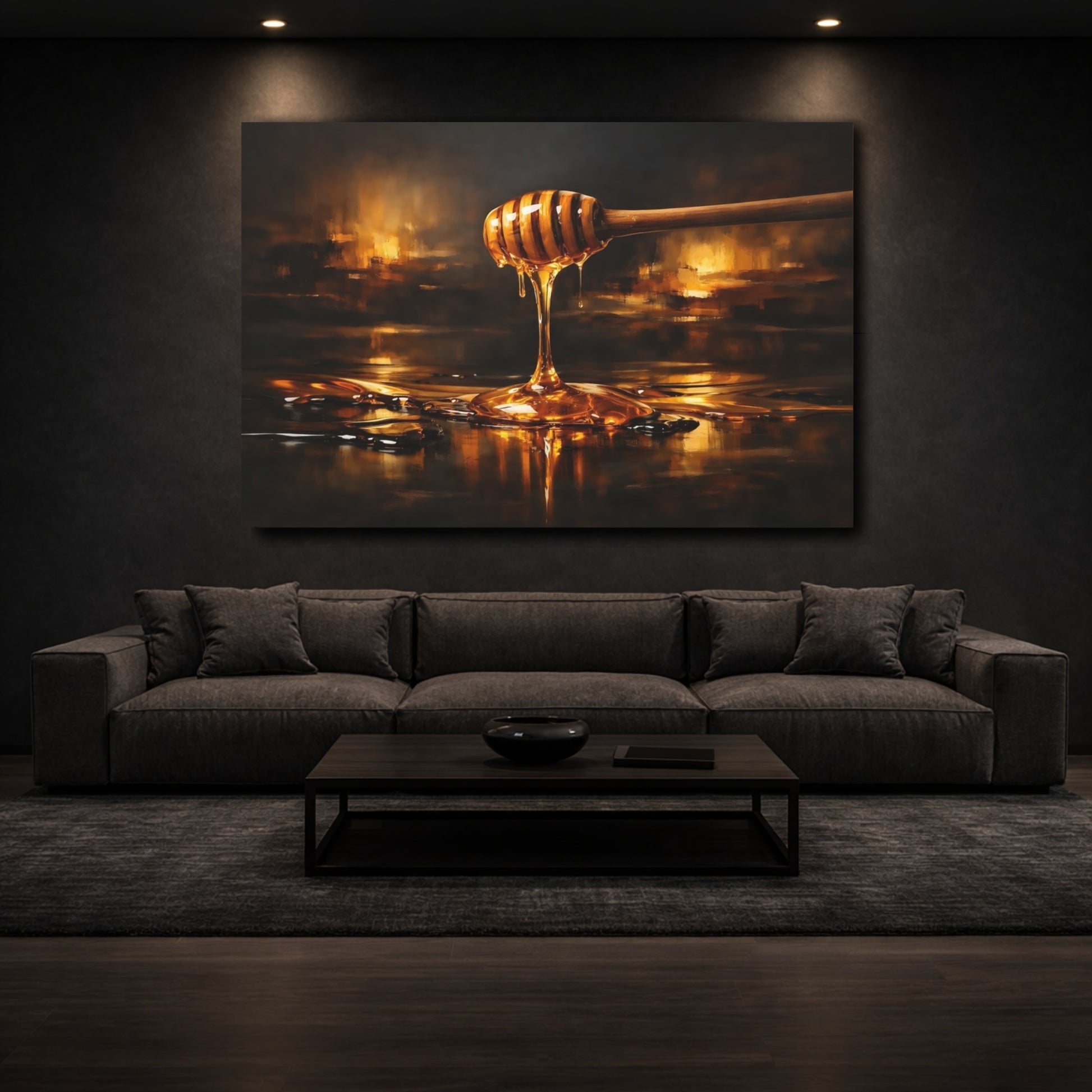Mockup 2. Abstract Honey Dipper Golden Honey shown as stretched canvas wall art