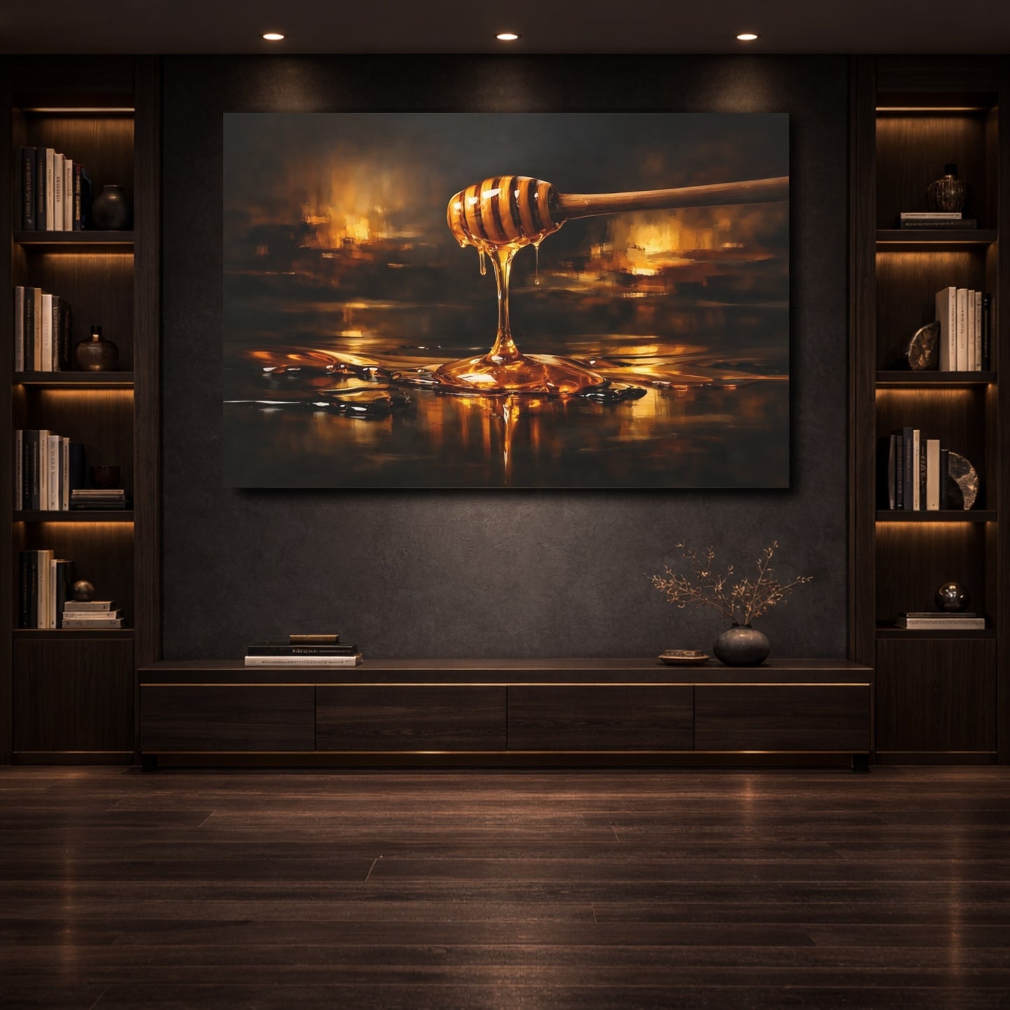 Mockup 3. Abstract Honey Dipper Golden Honey shown as stretched canvas wall art