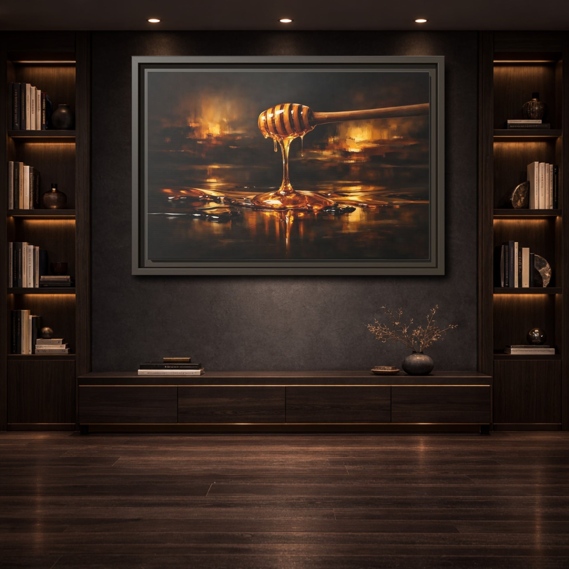 Mockup 3. Abstract Honey Dipper Golden Honey shown as stretched canvas wall art