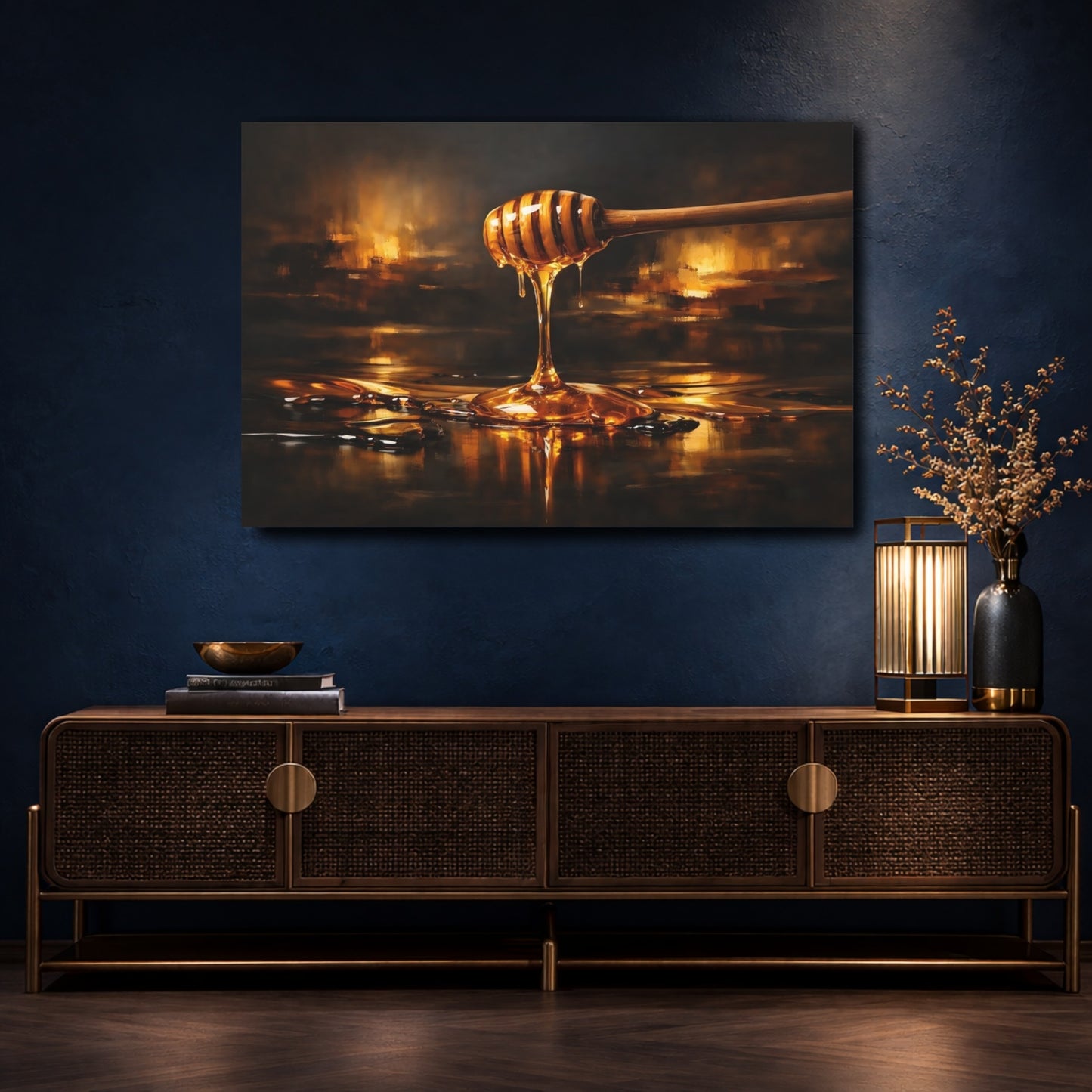 Mockup 4. Abstract Honey Dipper Golden Honey shown as stretched canvas wall art