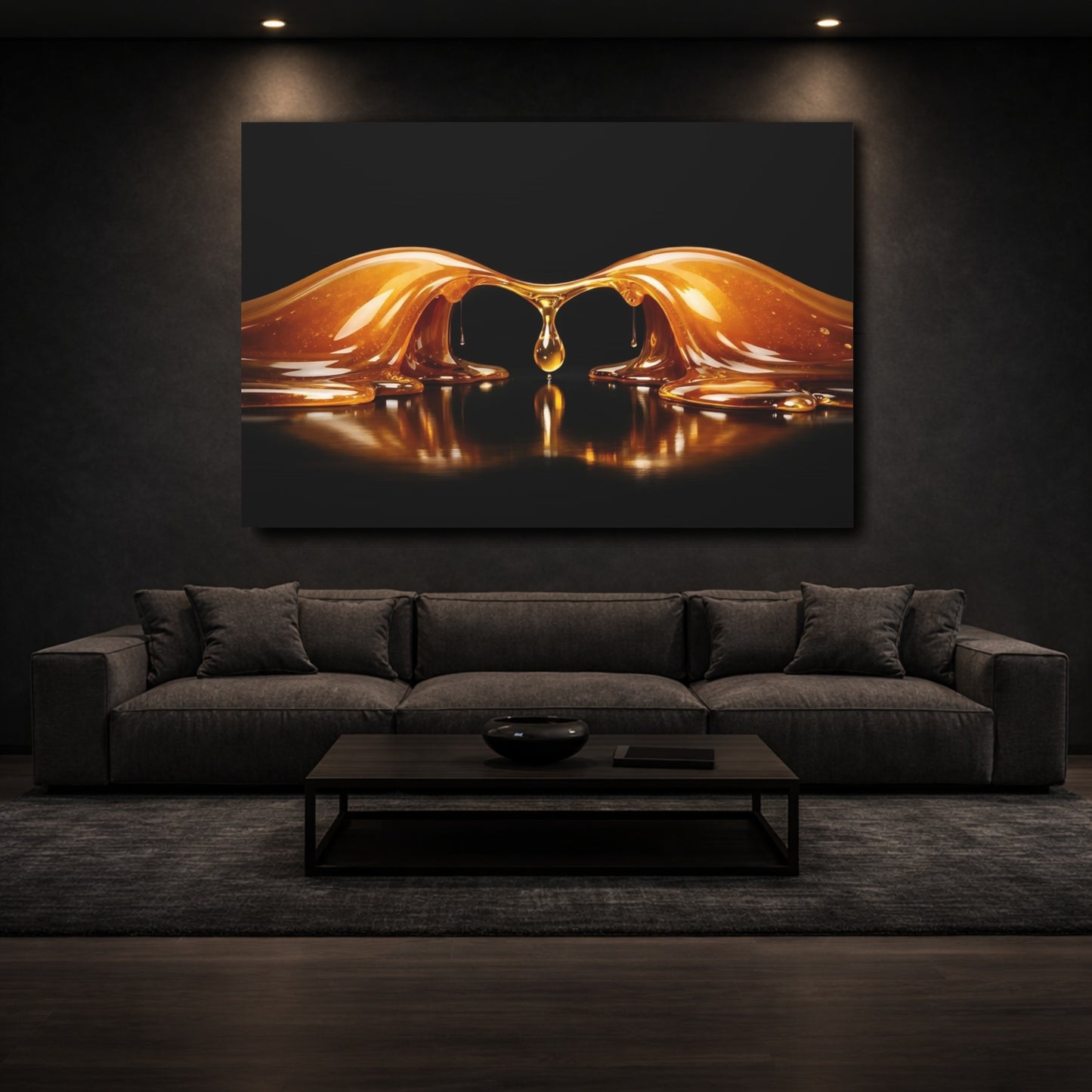 Mockup 2. Abstract Honey Drip Gold And Black shown as stretched canvas wall art