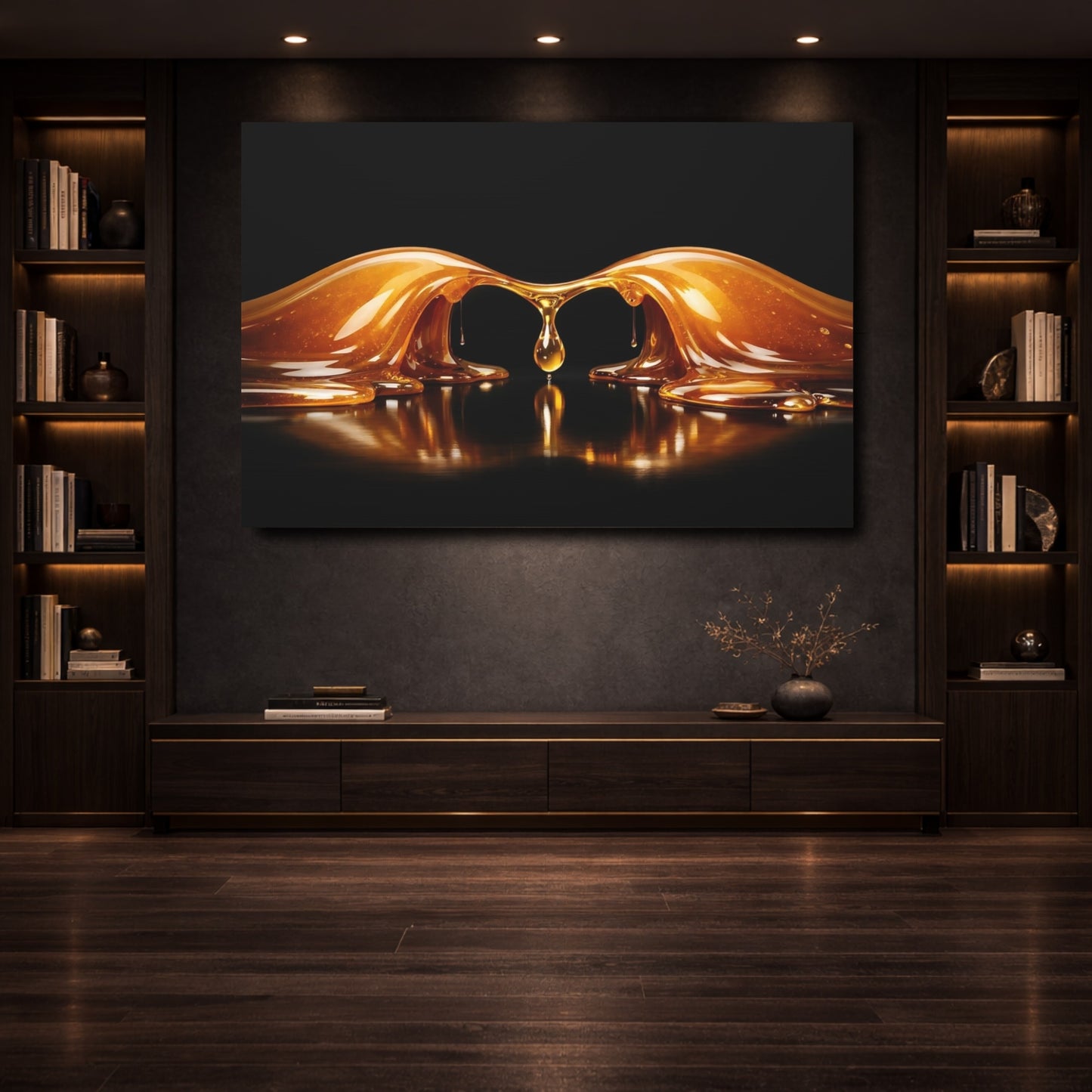 Mockup 3. Abstract Honey Drip Gold And Black shown as stretched canvas wall art