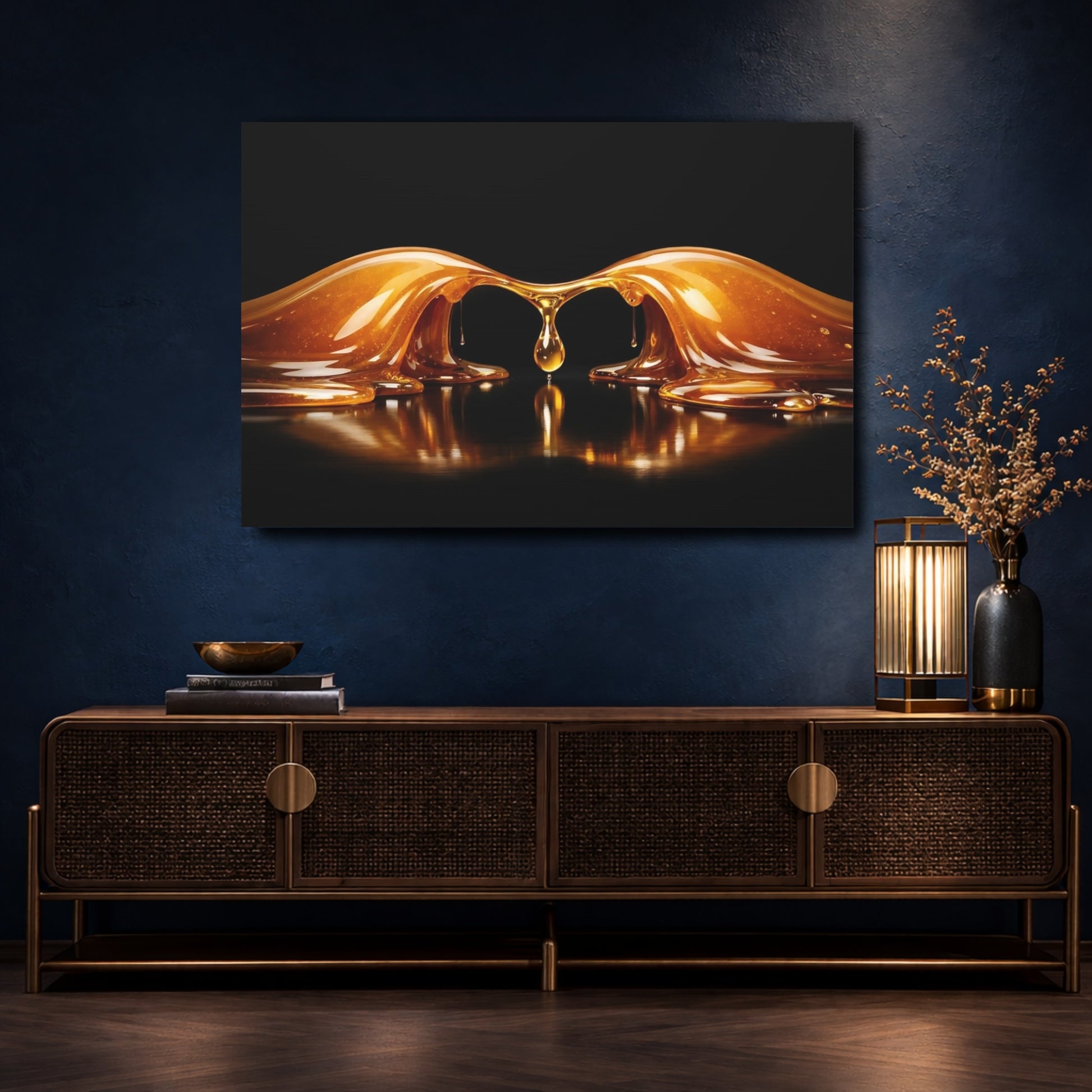 Mockup 4. Abstract Honey Drip Gold And Black shown as stretched canvas wall art