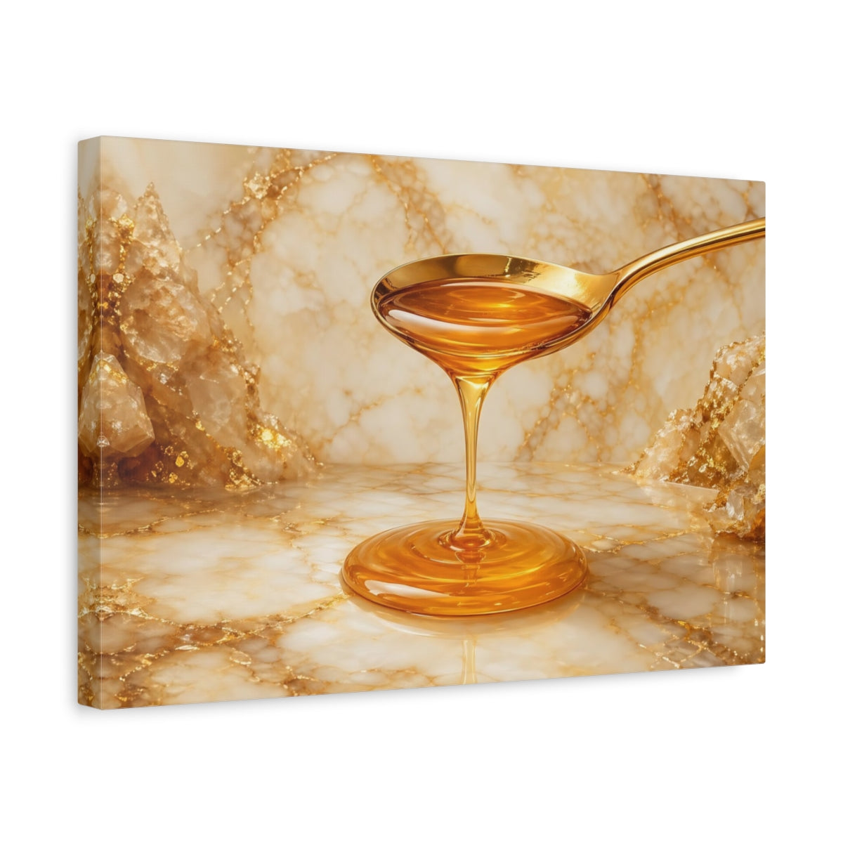 Side Mockup 4. Abstract Honey Drip Gold And Honey shown as stretched canvas wall art