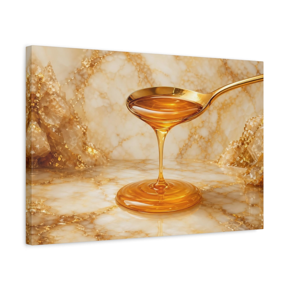 Side Mockup 3. Abstract Honey Drip Gold And Honey shown as stretched canvas wall art