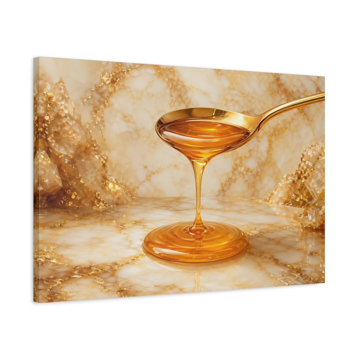 Side Mockup 2. Abstract Honey Drip Gold And Honey shown as stretched canvas wall art