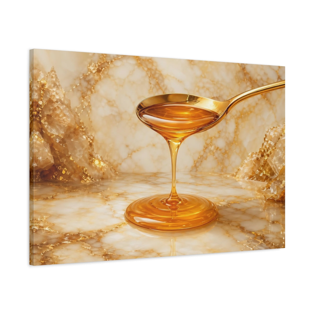 Main Mockup. Abstract Honey Drip Gold And Honey shown as stretched canvas wall art