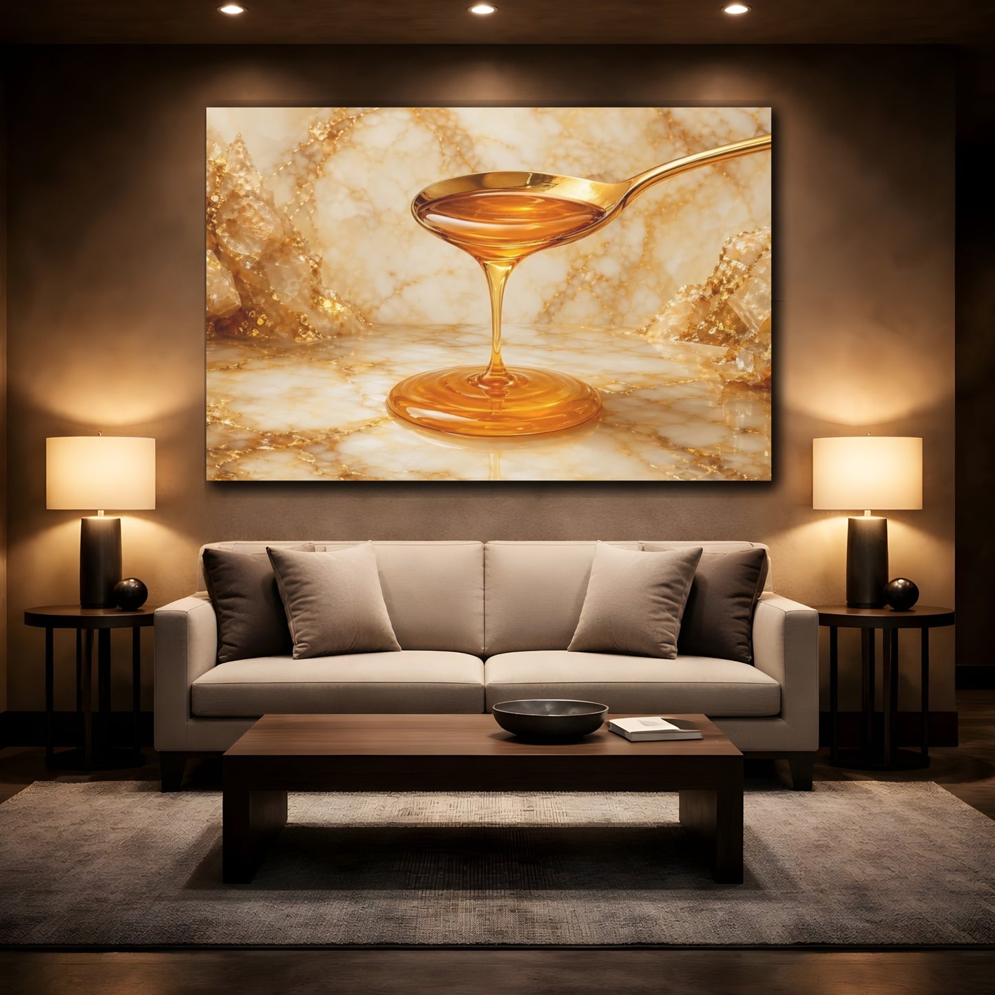 Mockup 2. Abstract Honey Drip Gold And Honey shown as stretched canvas wall art