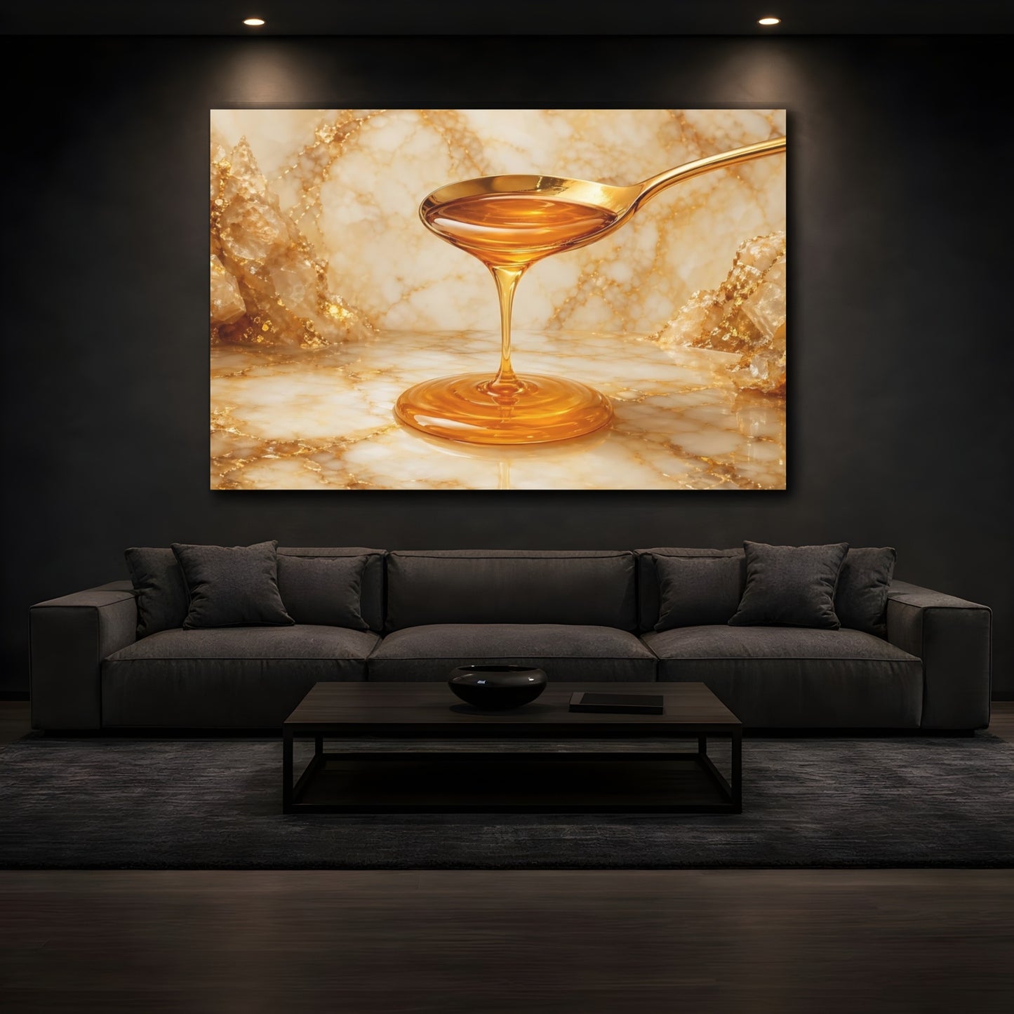 Mockup 3. Abstract Honey Drip Gold And Honey shown as stretched canvas wall art