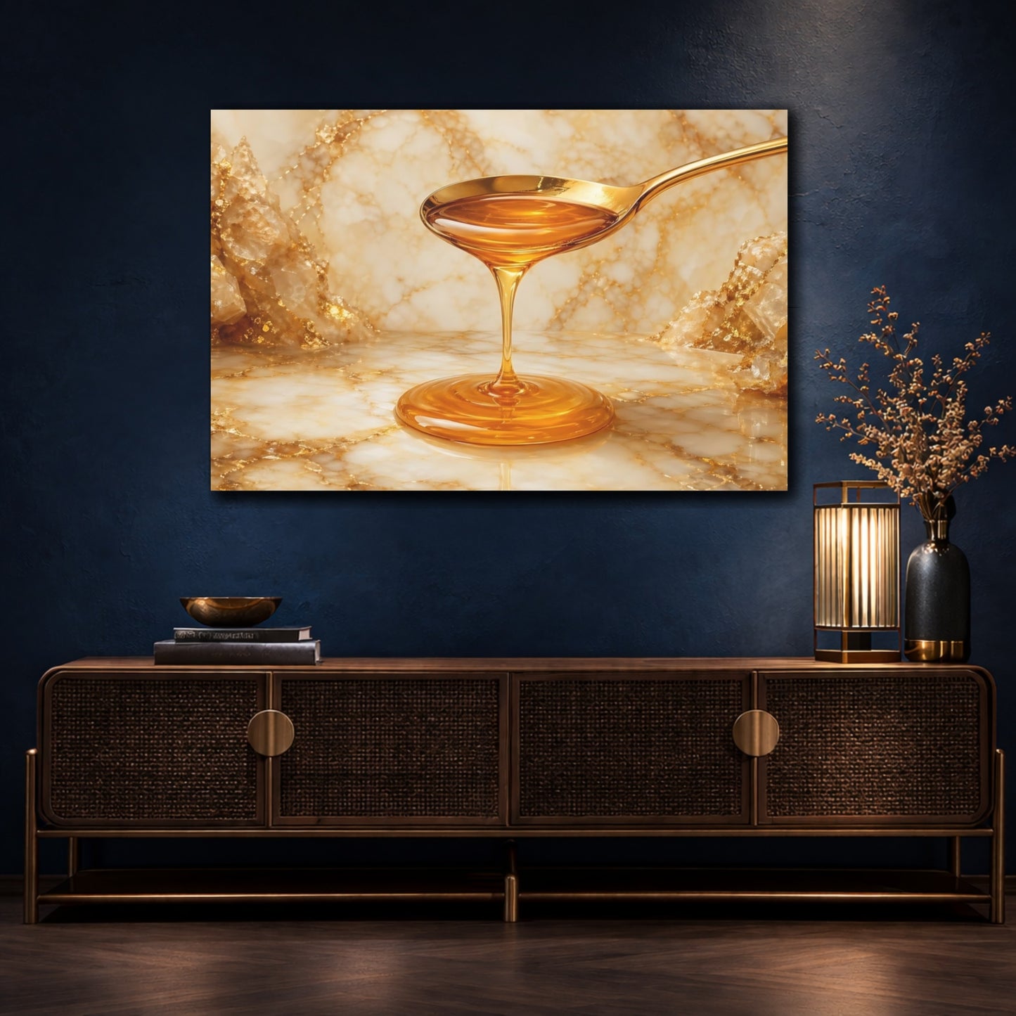 Mockup 4. Abstract Honey Drip Gold And Honey shown as stretched canvas wall art