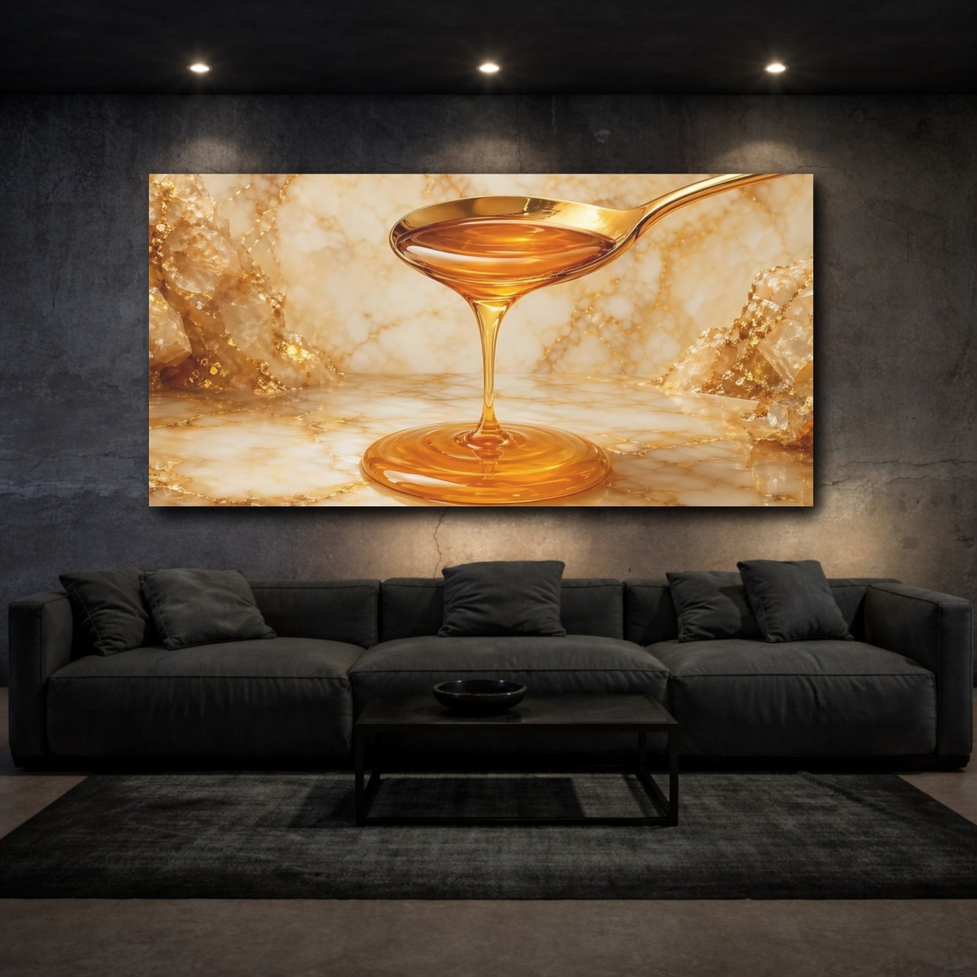 Mockup 2. Abstract Honey Golden Marble shown as stretched canvas wall art