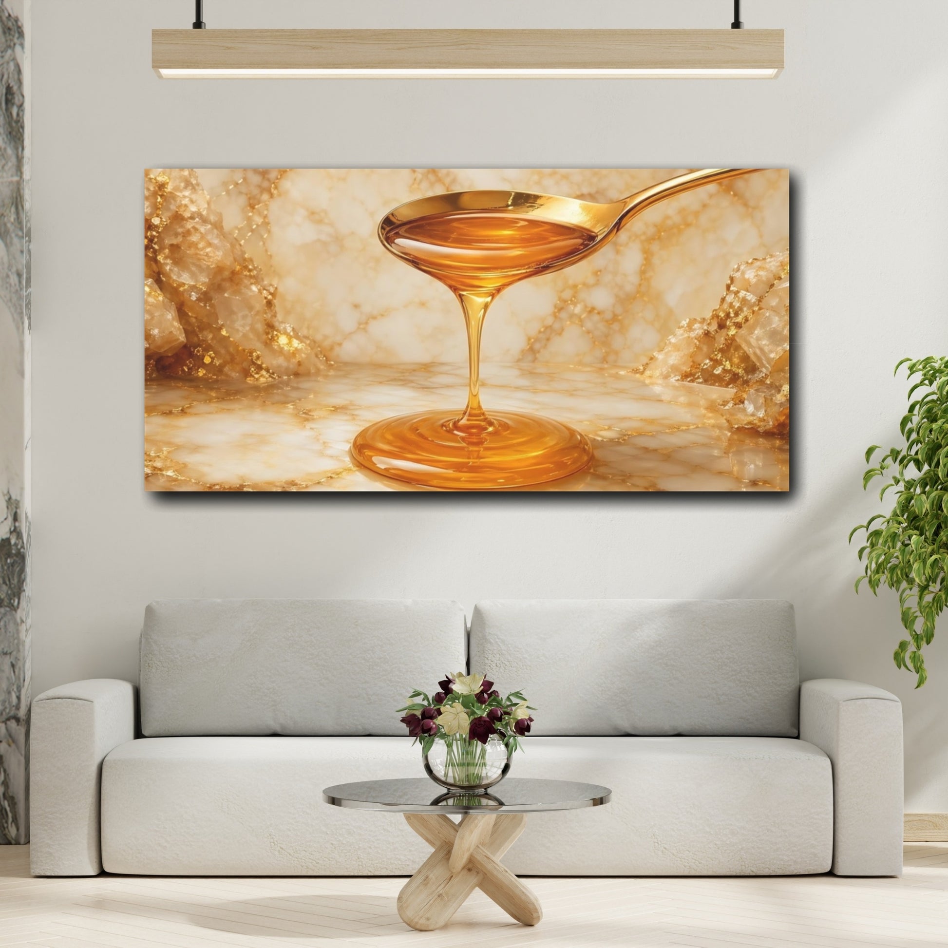 Mockup 3. Abstract Honey Golden Marble shown as stretched canvas wall art