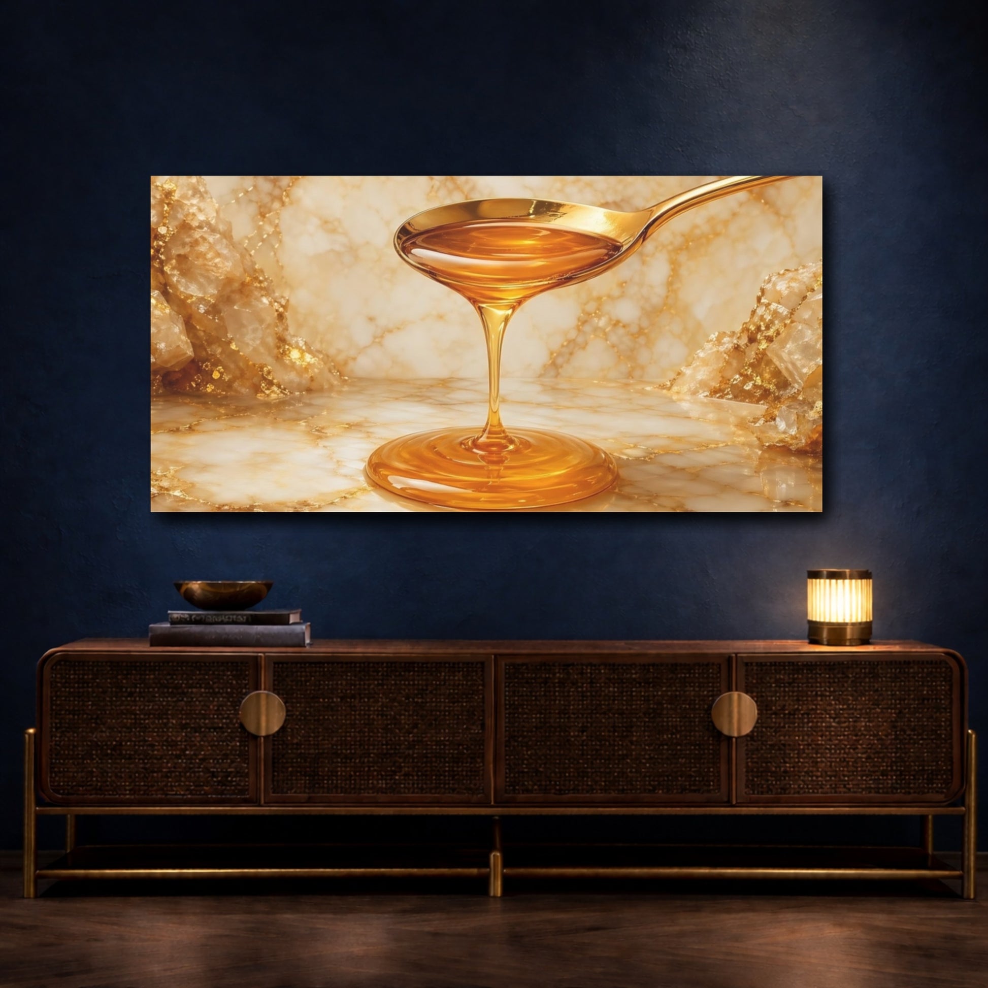 Mockup 4. Abstract Honey Golden Marble shown as stretched canvas wall art