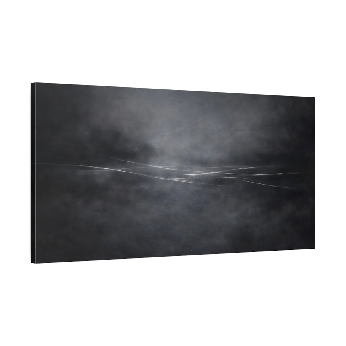 Side Mockup 1. Abstract Horizon Black And White shown as stretched canvas wall art