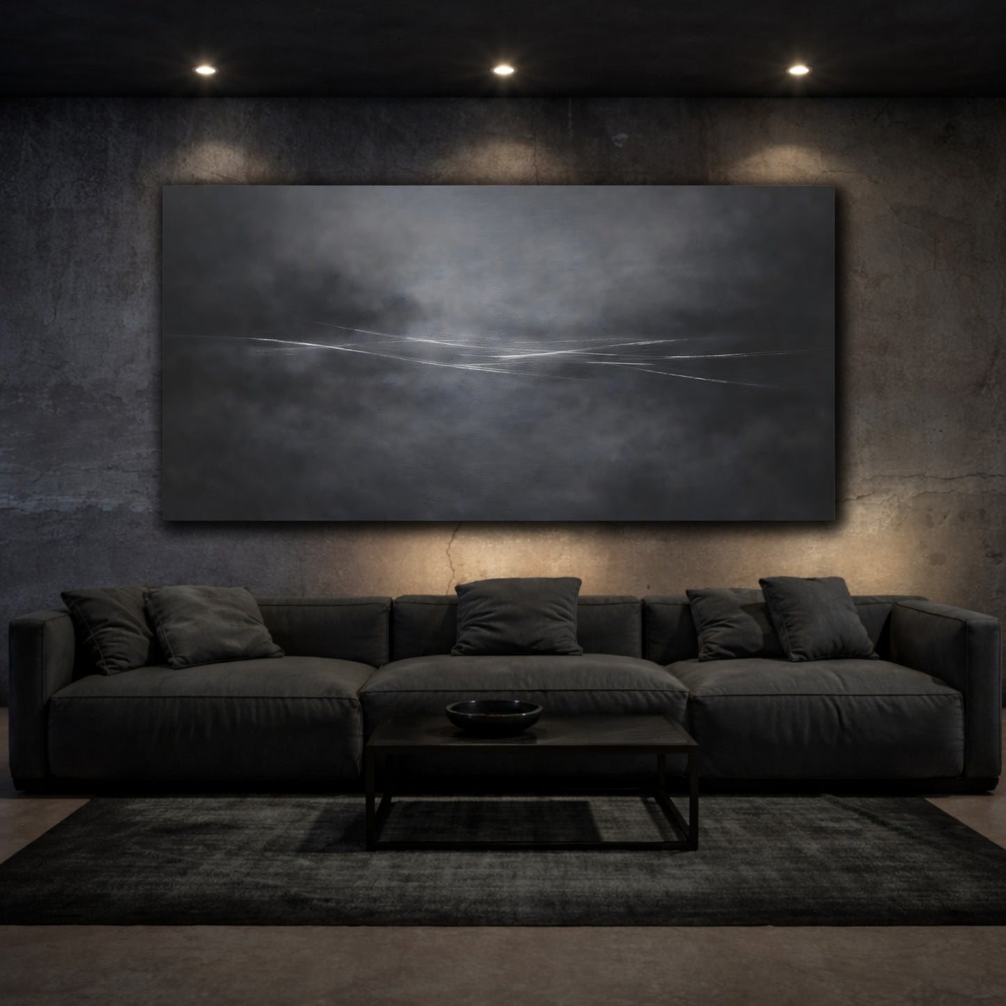 Mockup 2. Abstract Horizon Black And White shown as stretched canvas wall art
