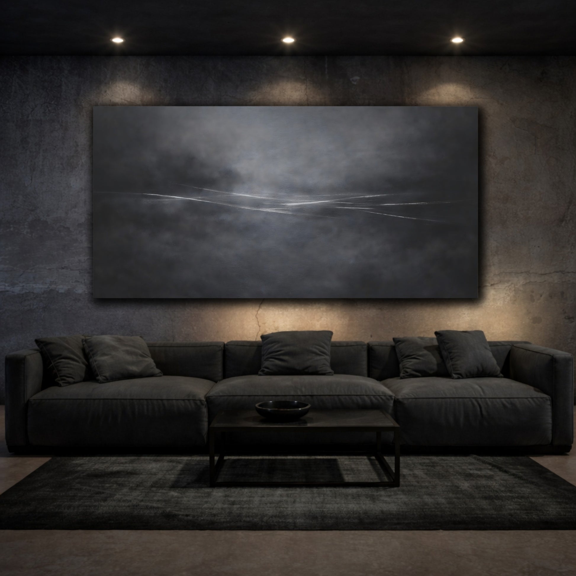 Mockup 2. Abstract Horizon Black And White shown as stretched canvas wall art