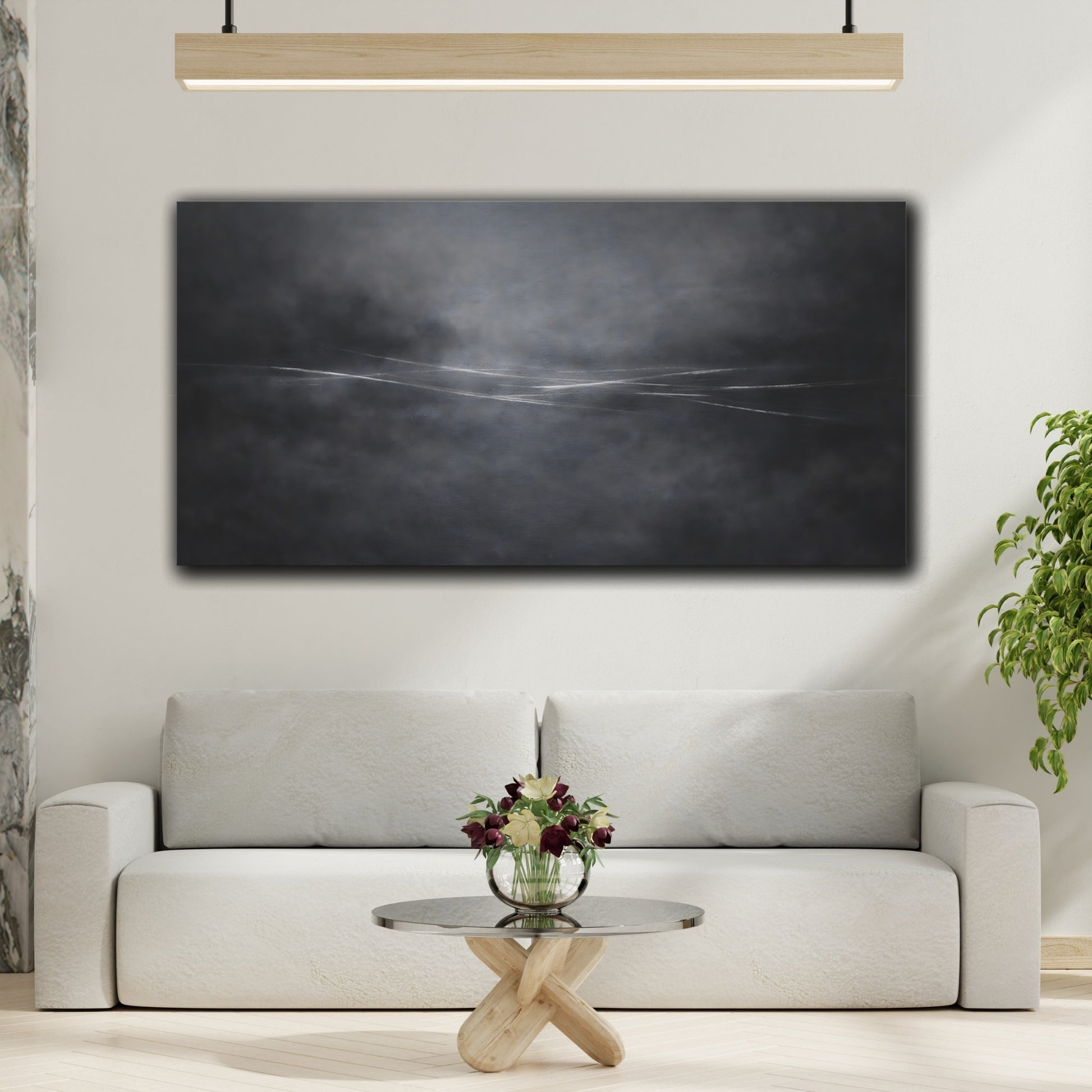 Mockup 3. Abstract Horizon Black And White shown as stretched canvas wall art