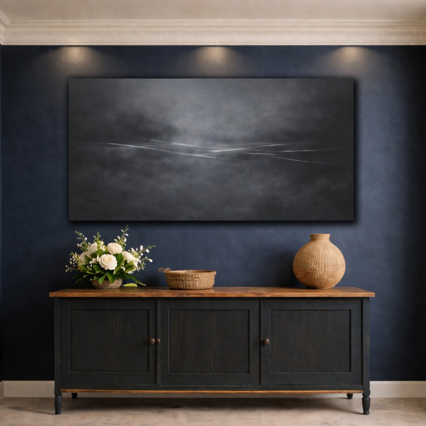 Mockup 4. Abstract Horizon Black And White shown as stretched canvas wall art