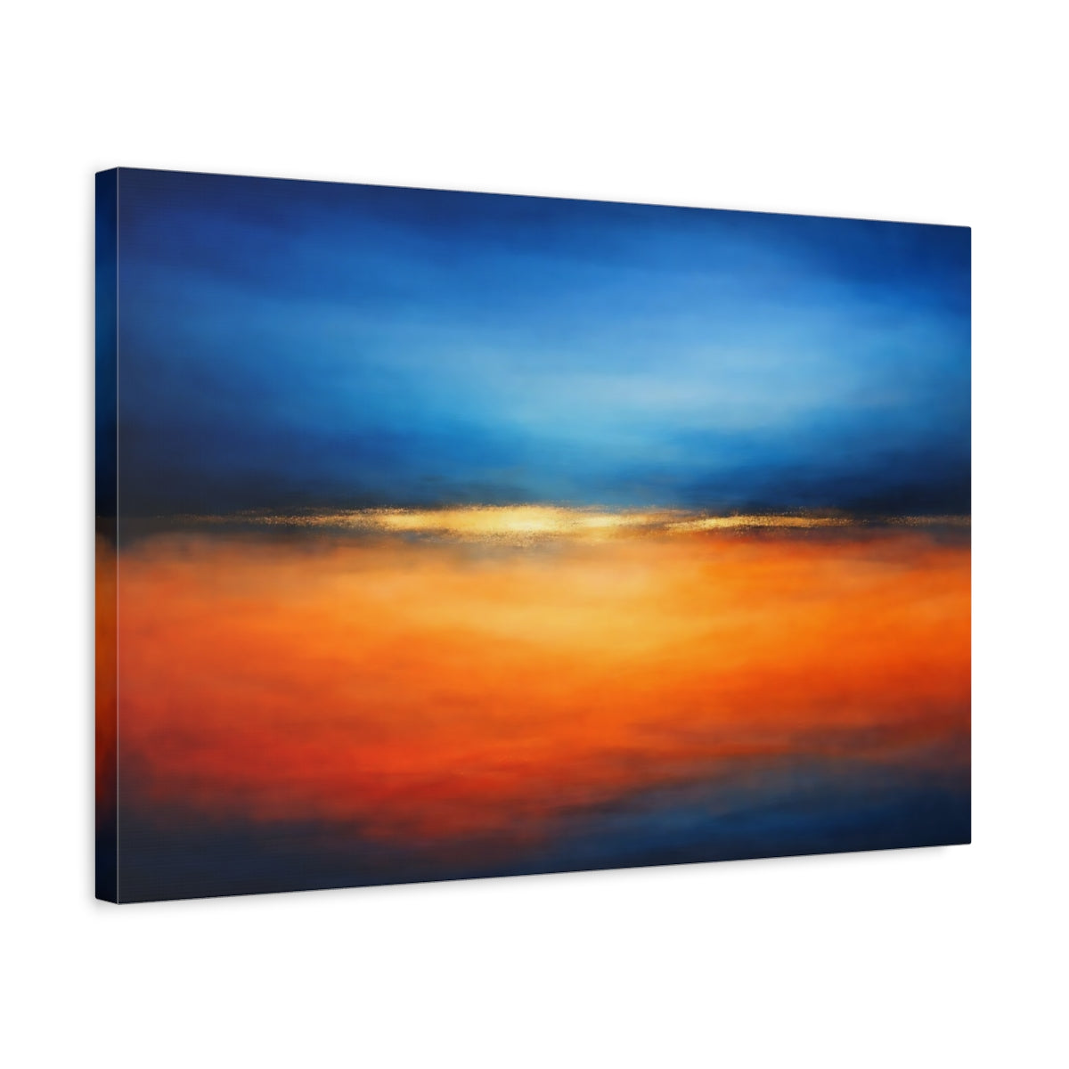 Side Mockup 3. Abstract Abstract Horizon Blue And Orange shown as stretched canvas wall art