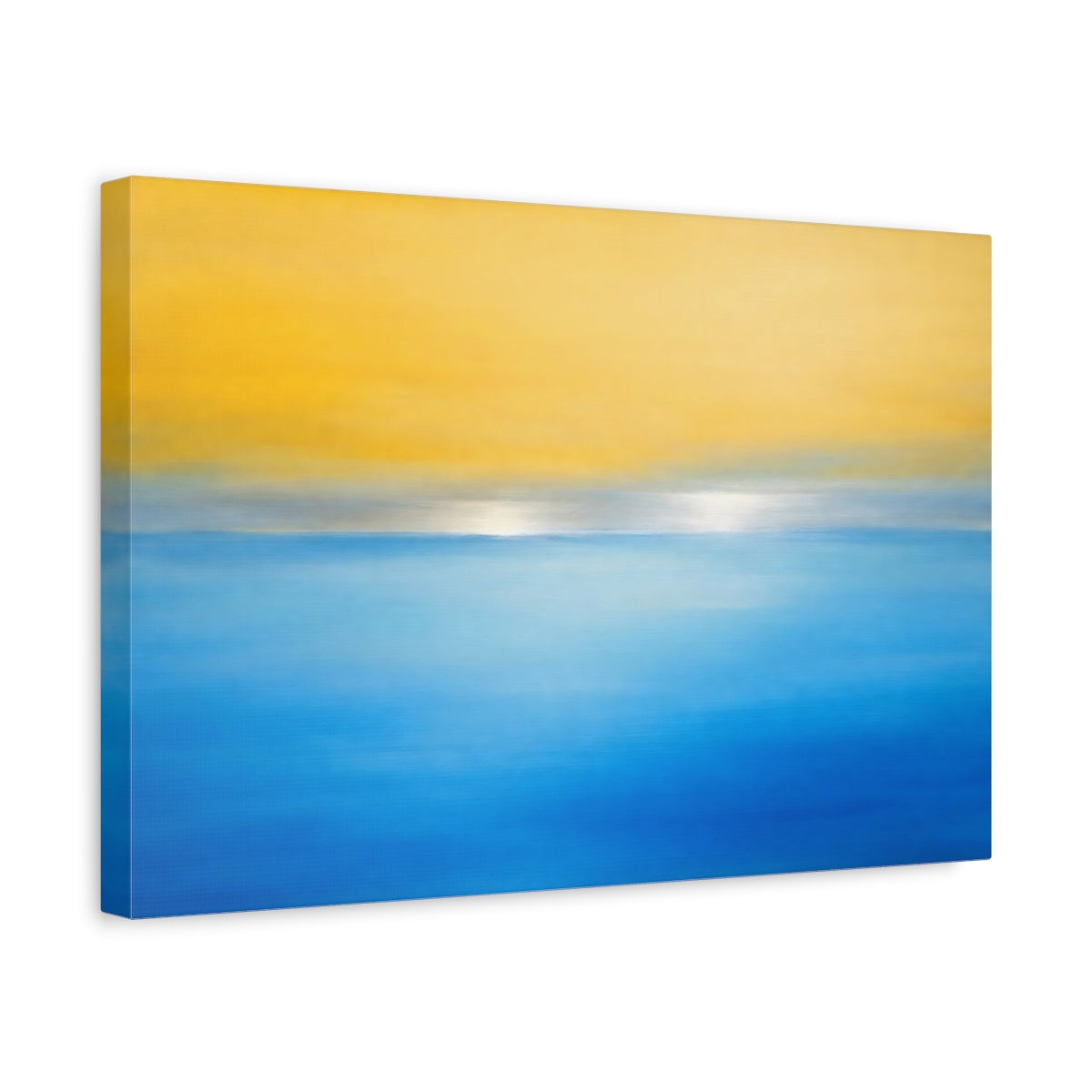 Side Mockup 4. Abstract Horizon Yellow And Blue shown as stretched canvas wall art