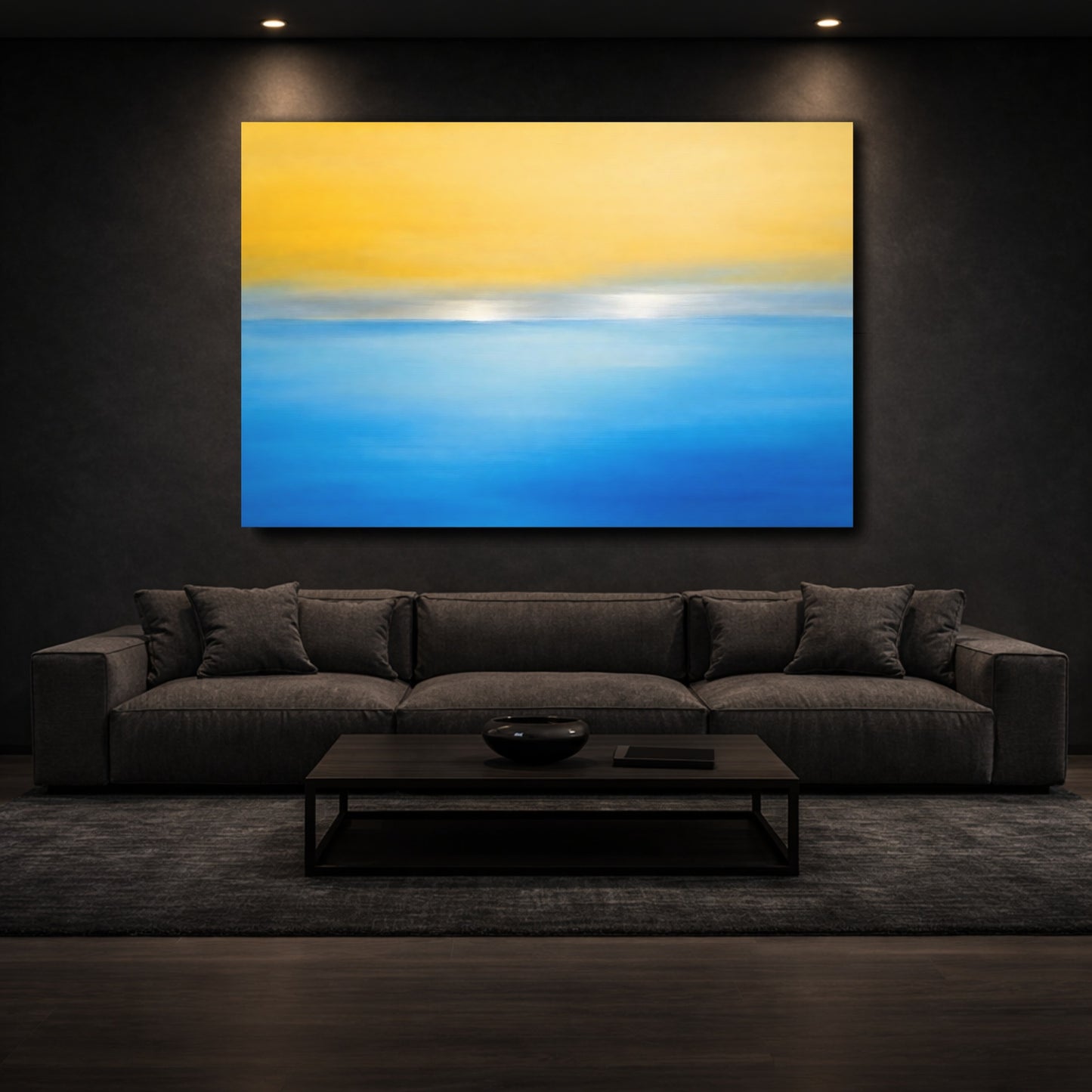 Mockup 2. Abstract Horizon Yellow And Blue shown as stretched canvas wall art